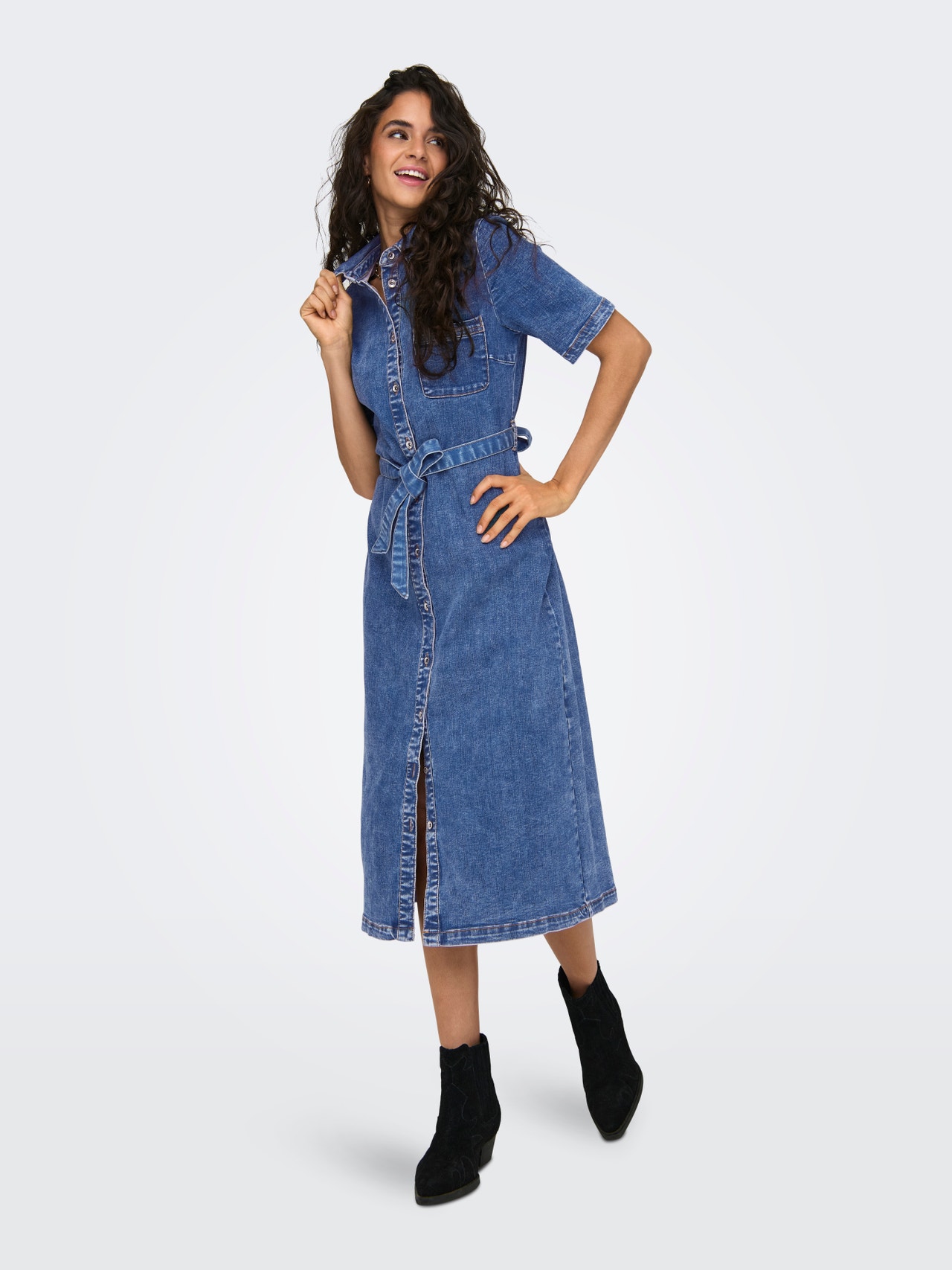 ONLY Midi denim kjole med bælte -Medium Blue Denim - 15283308