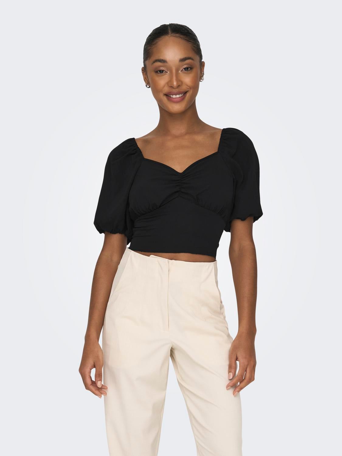 Cropped V-neck Top, Black