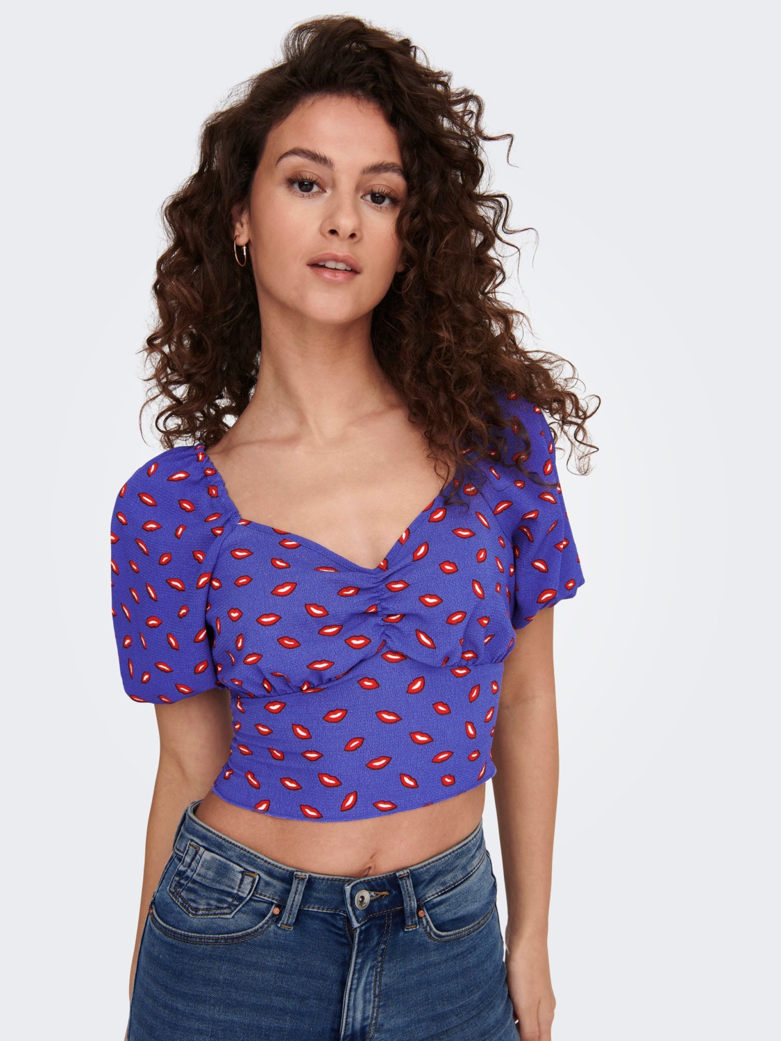ONLY Cropped Top with Puff Sleeves -Dazzling Blue - 15283645