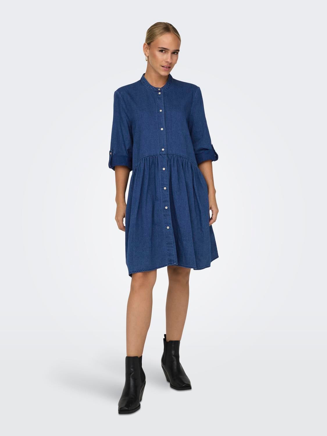 Mini o neck denim dress Dark Blue ONLY