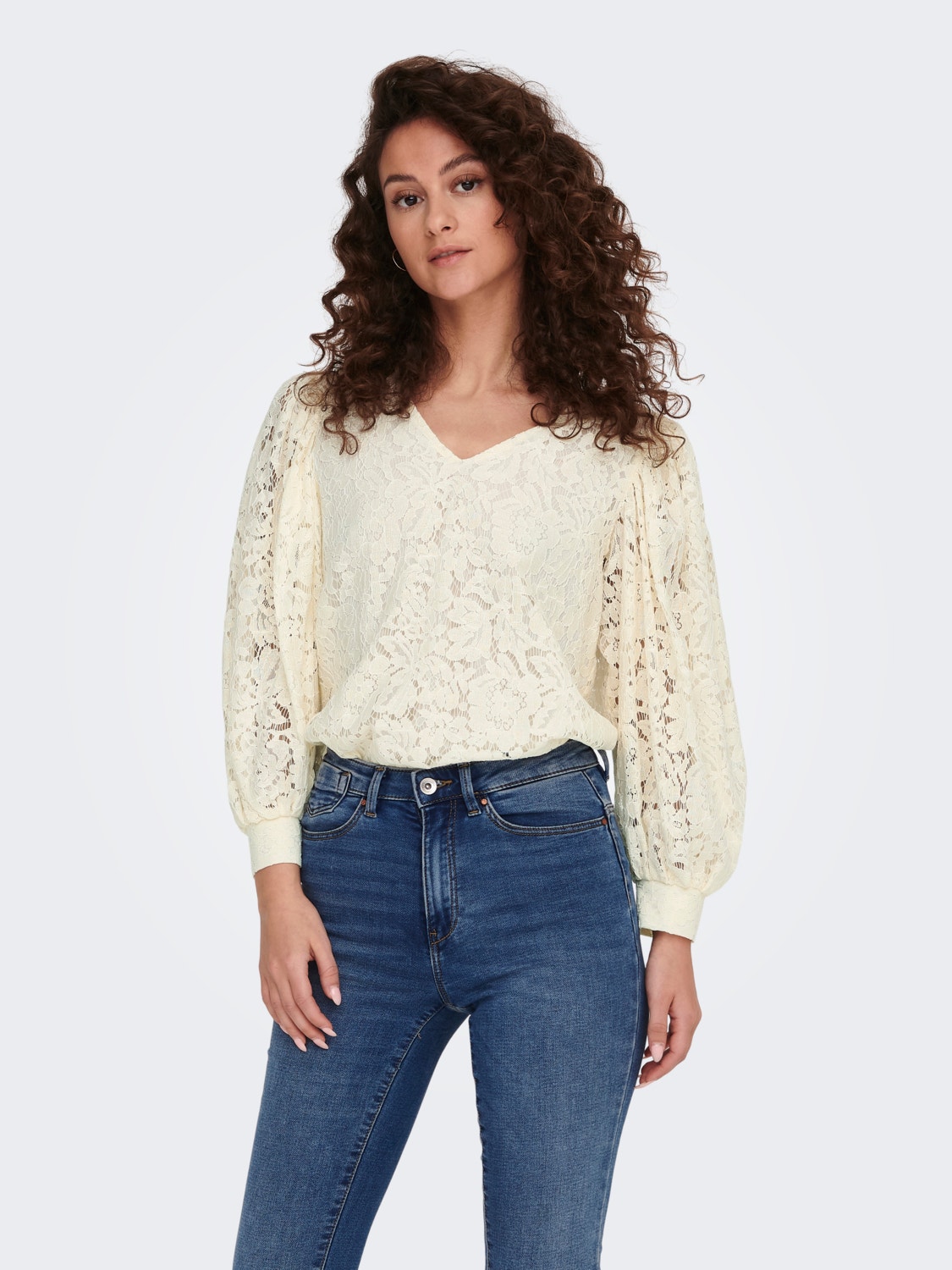 ONLY V-neck top with lace -Creme - 15284299