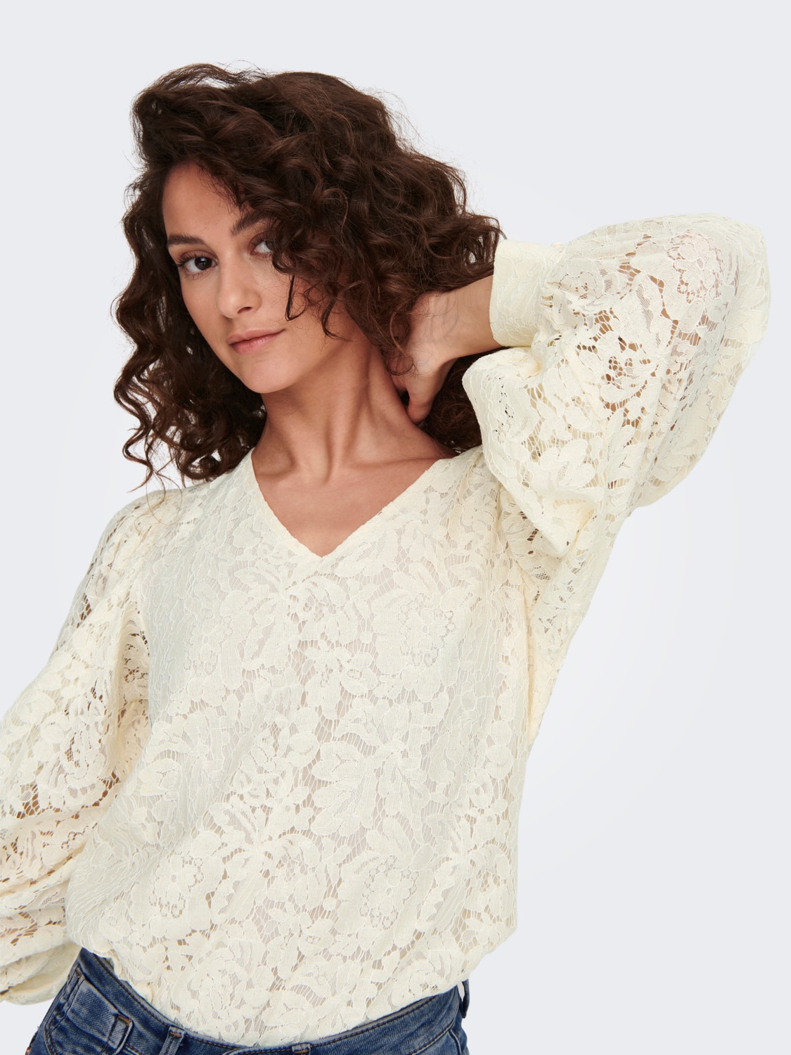 ONLY V-neck top with lace -Creme - 15284299