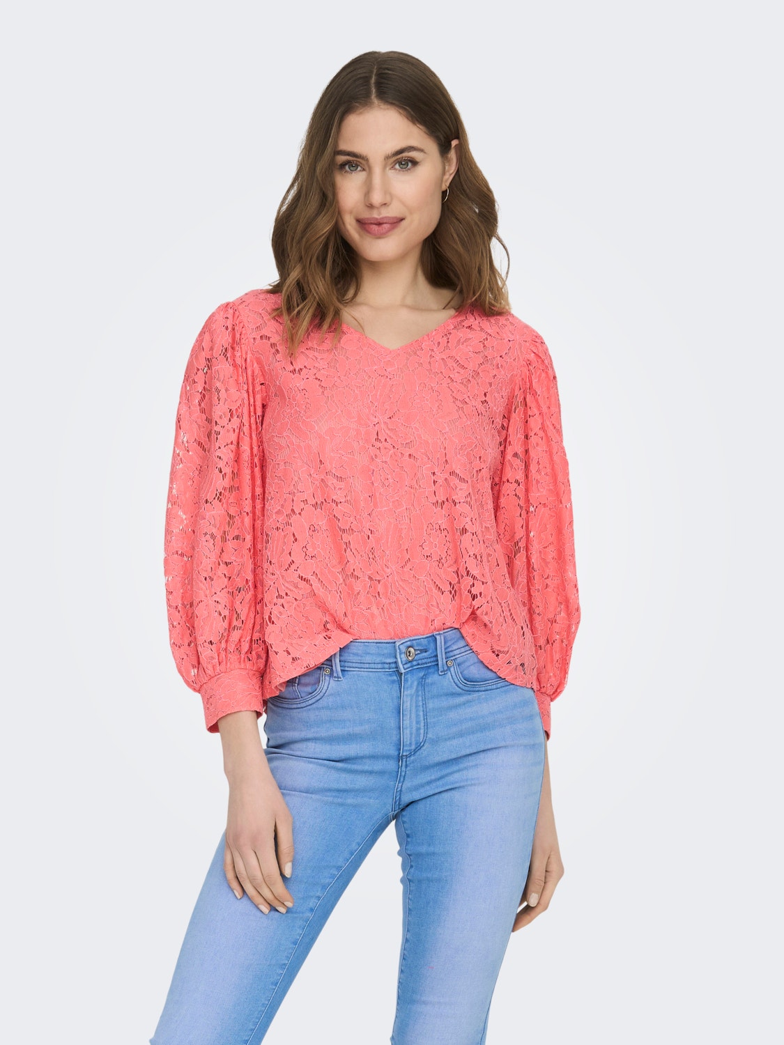 ONLY V-neck top with lace -Georgia Peach - 15284299