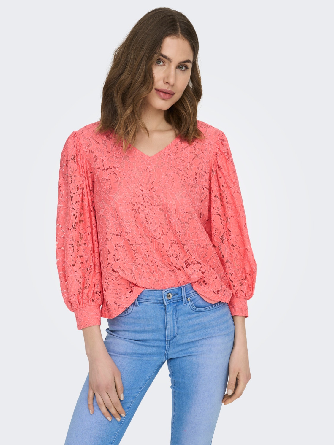 ONLY Regular Fit V-Neck Volume sleeves Top -Georgia Peach - 15284299