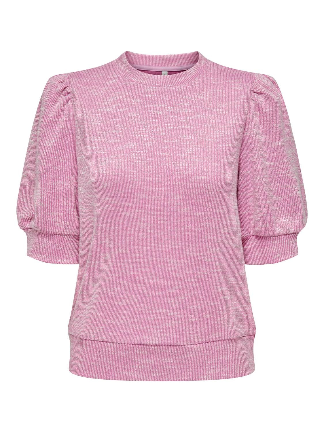 Regular Fit Round Neck Smocked cuffs Puff sleeves Top, Light Rose