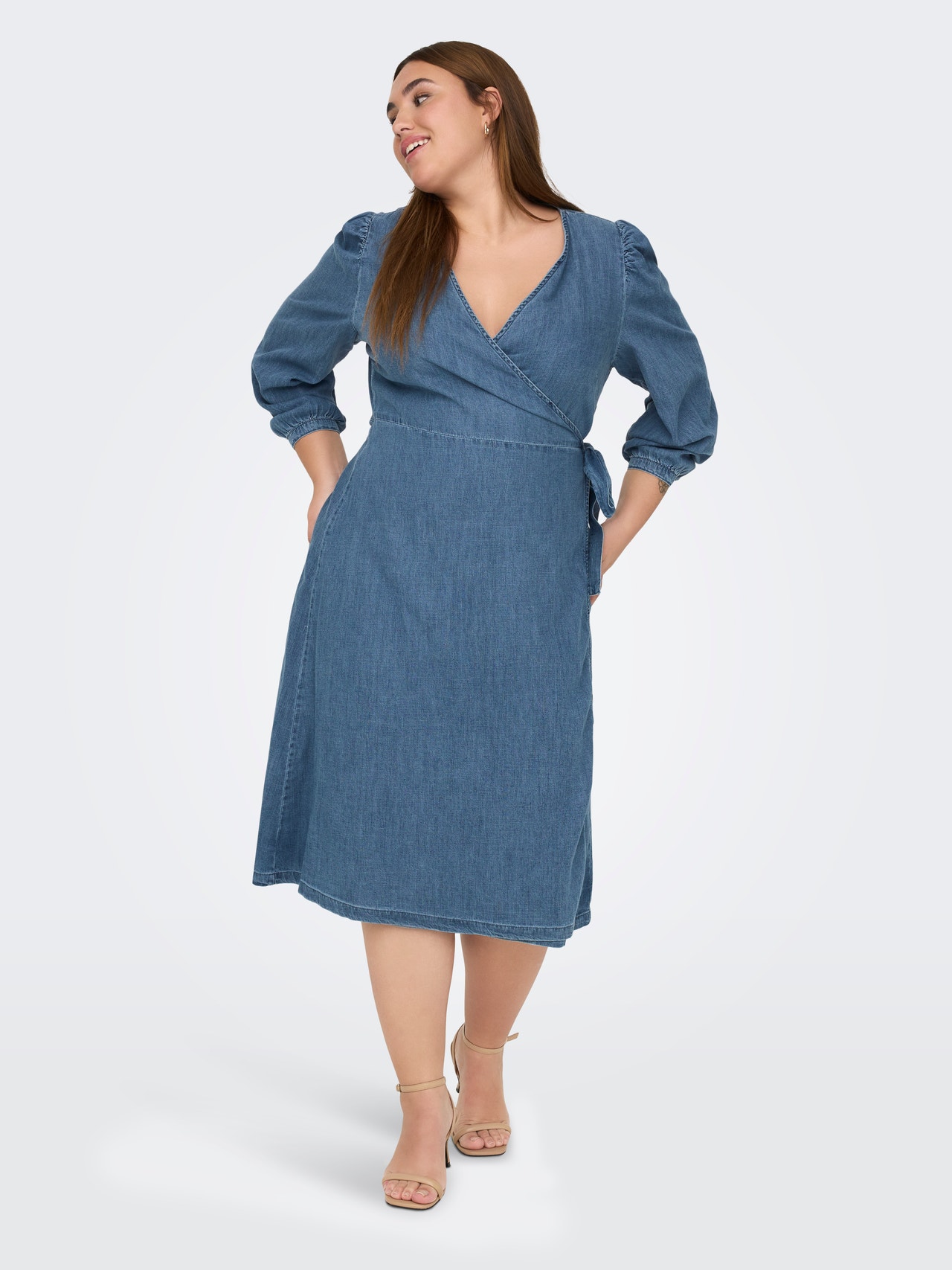ONLY Curvy denim wrap midi dress -Medium Blue Denim - 15285549