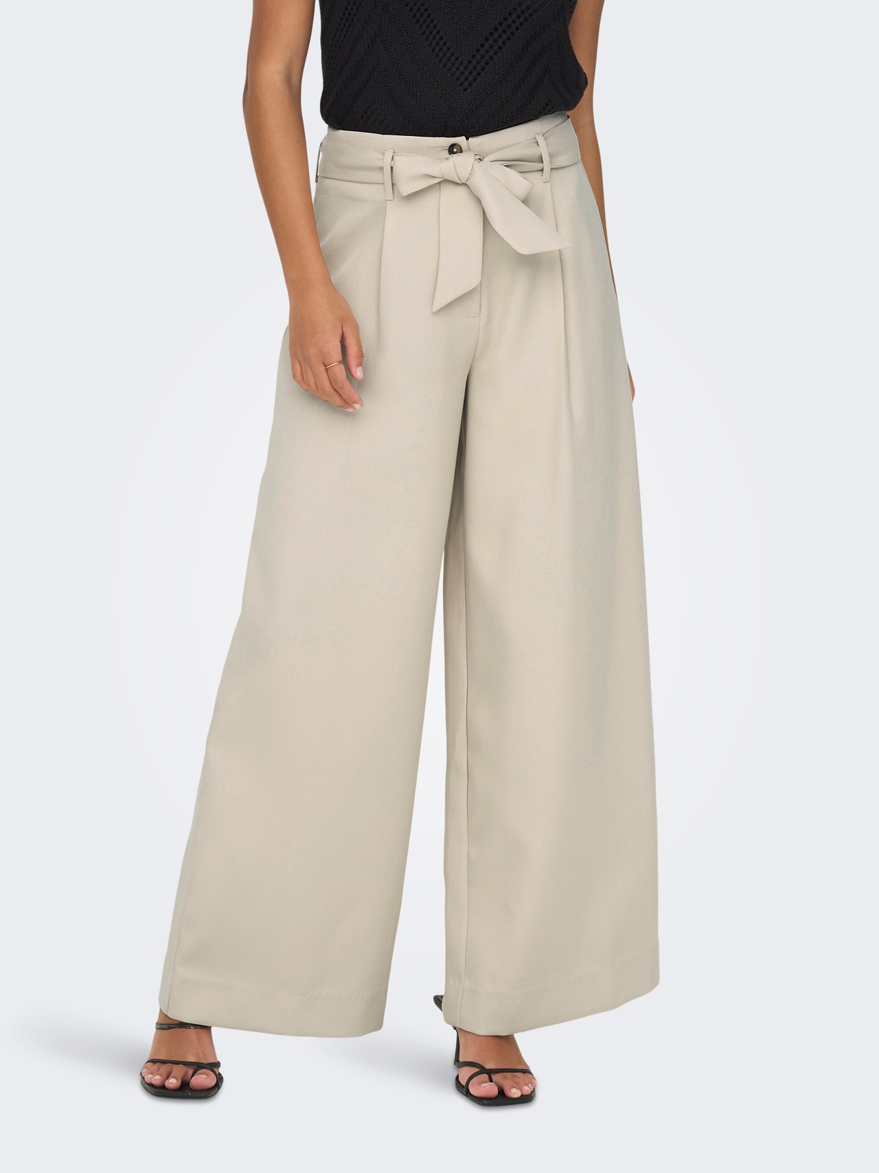 High Waisted Wide Pants With Belt, Light Grey