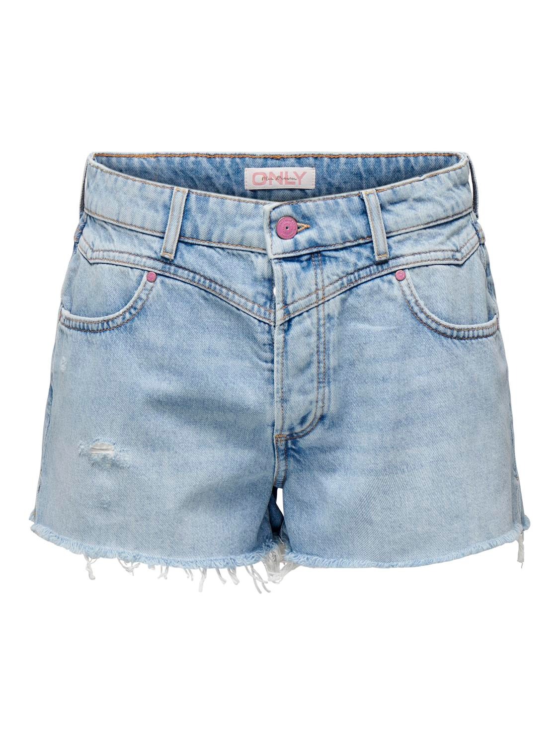 ONLY Straight Fit High waist Destroyed hems Shorts -Medium Blue Denim - 15286535