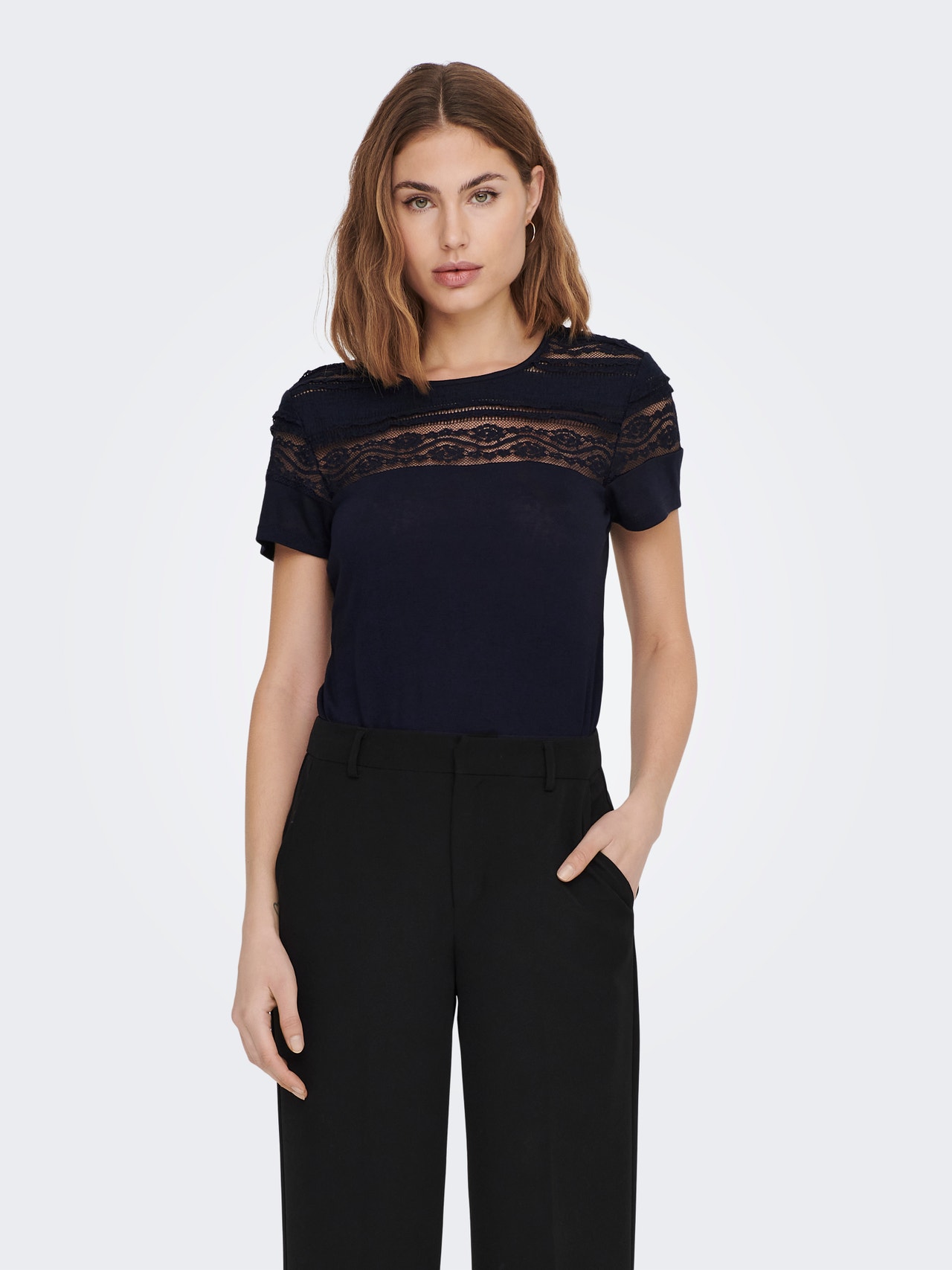 ONLY Lace mix Short Sleeved Top -Night Sky - 15287209