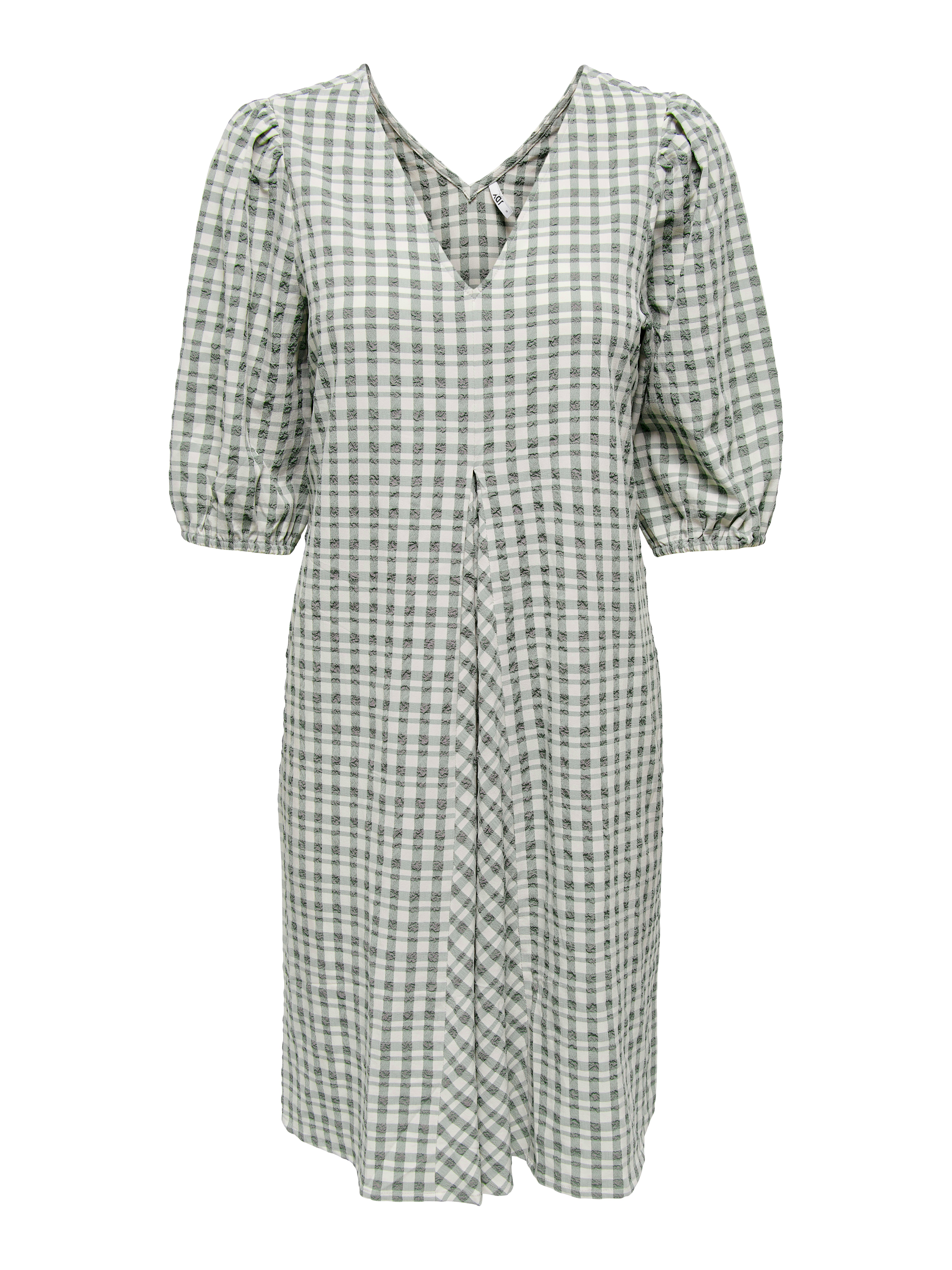 Square-Neck Puff-Sleeve Dress in Gingham Seersucker