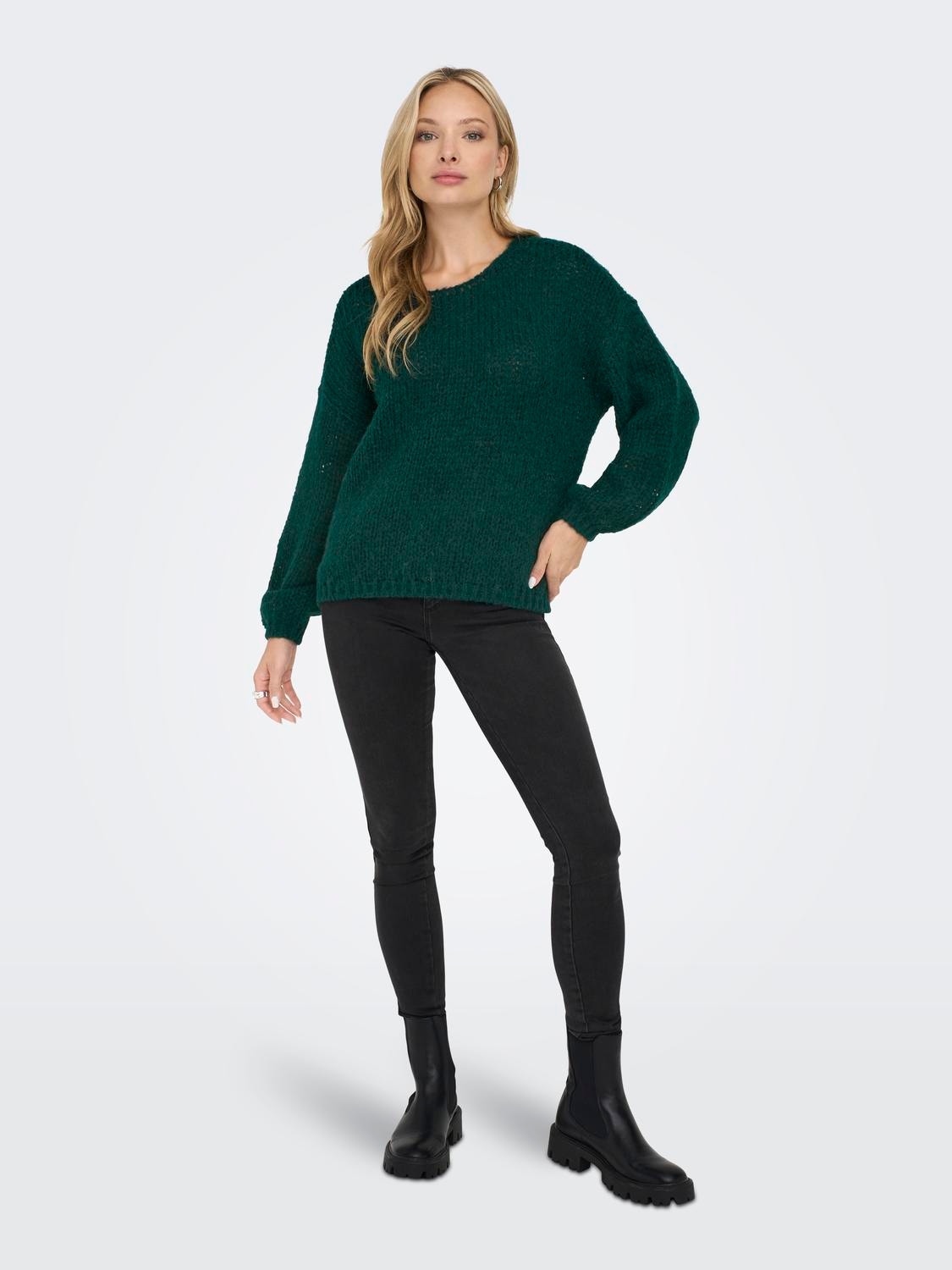 ONLY O-neck Solid colored Knitted Pullover -Dark Sea - 15288895
