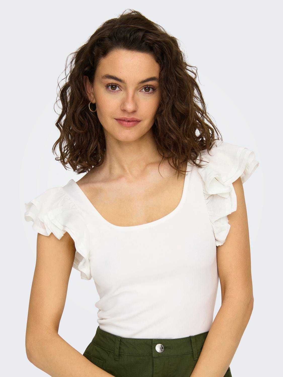 ONLY U-neck with frill detail -Cloud Dancer - 15289547