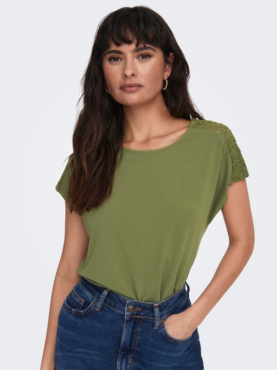 ONLY O-Neck Top With Lace Details -Martini Olive - 15289589