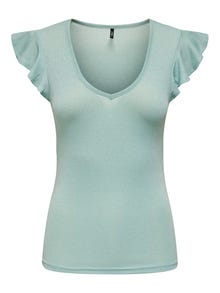 ONLY V-neck glitter top with frill sleeves -Aruba Blue - 15289733
