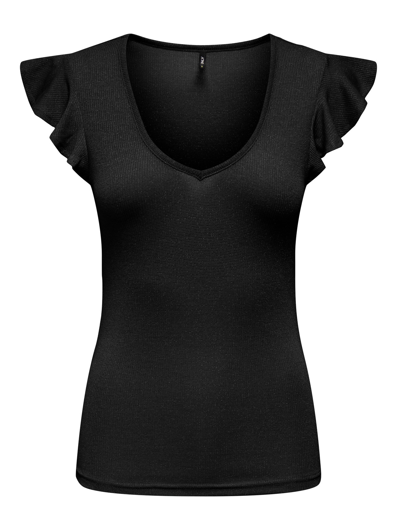 ONLY V-neck glitter top with frill sleeves -Black - 15289733