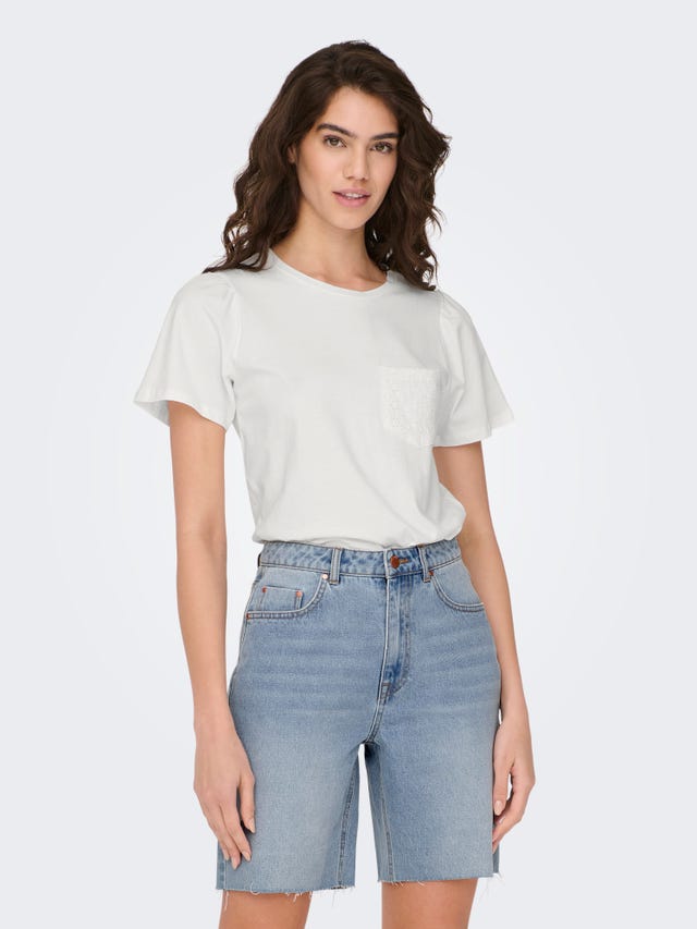 ONLY O-neck top with anglaise chest pocket - 15289895