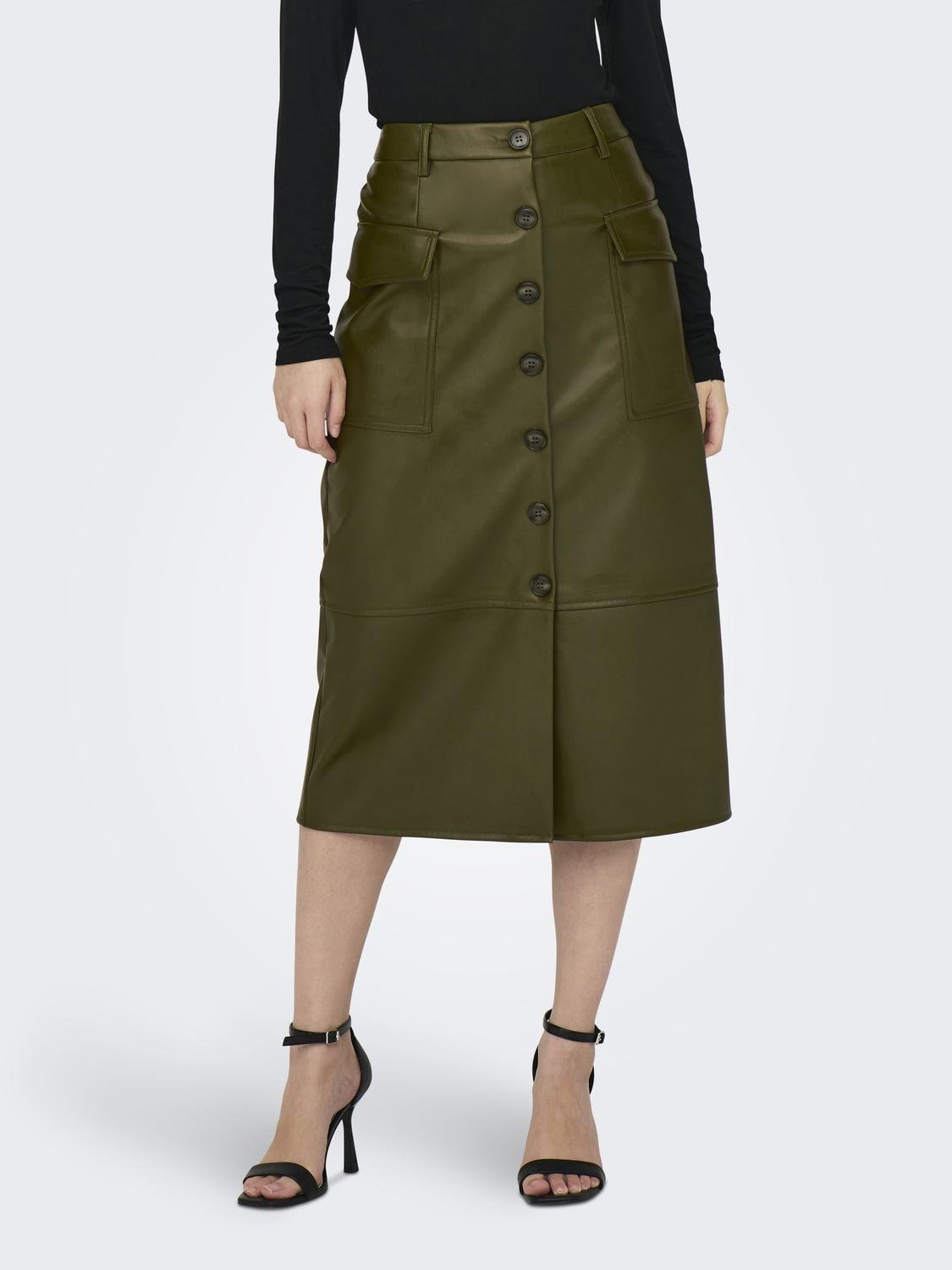 ONLY Midi skirt with buttons -Dark Olive - 15293028