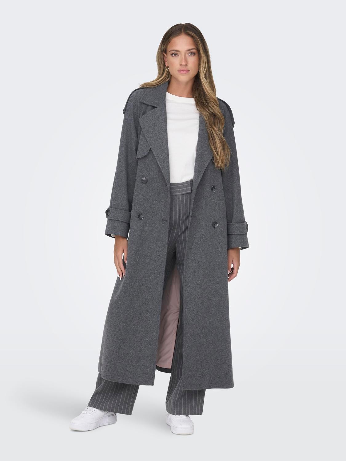 ONLY Classic long trench coat -Dark Grey Melange - 15293700