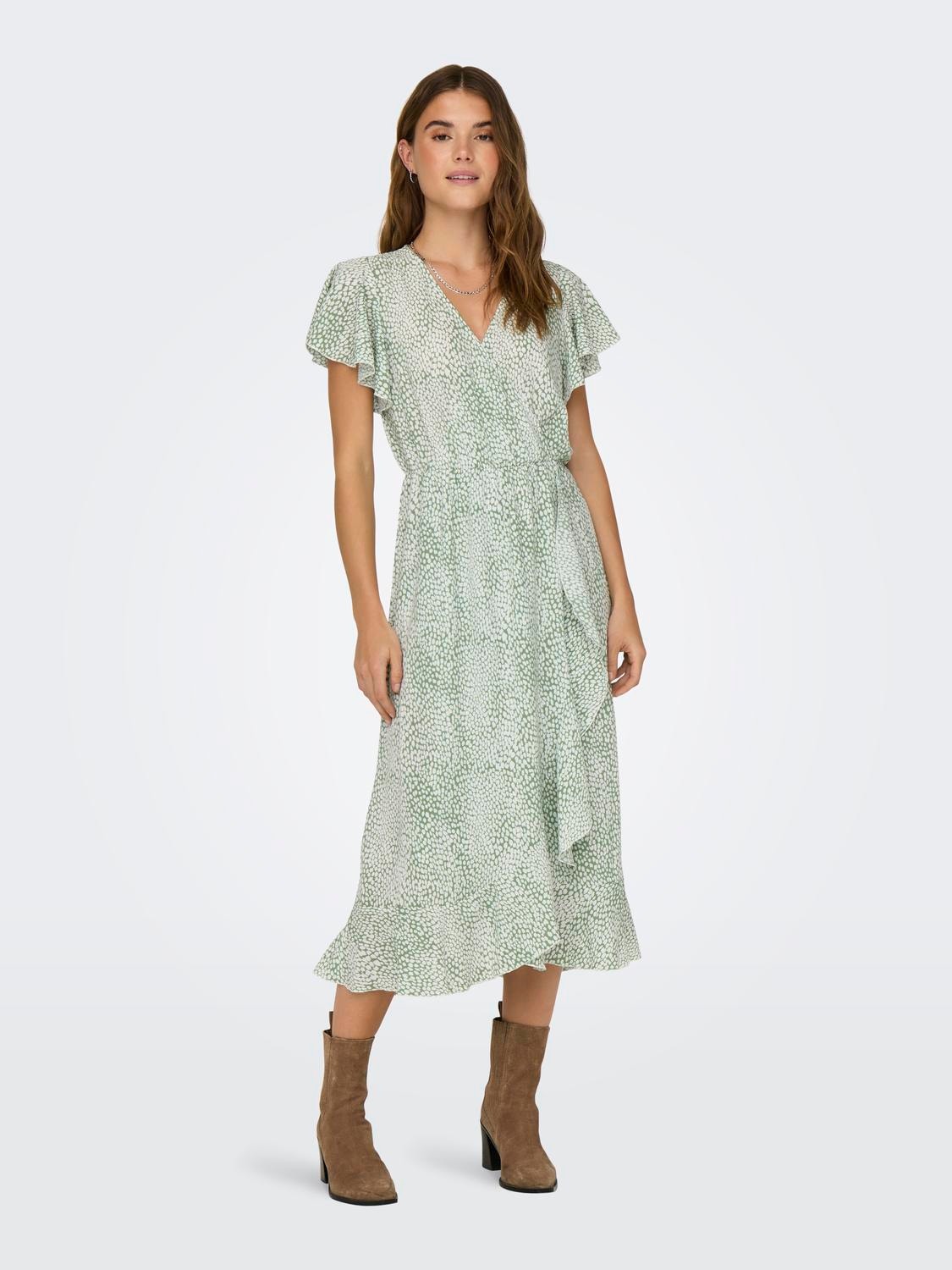 ONLY Printed Wrap midi dress -Basil - 15293978