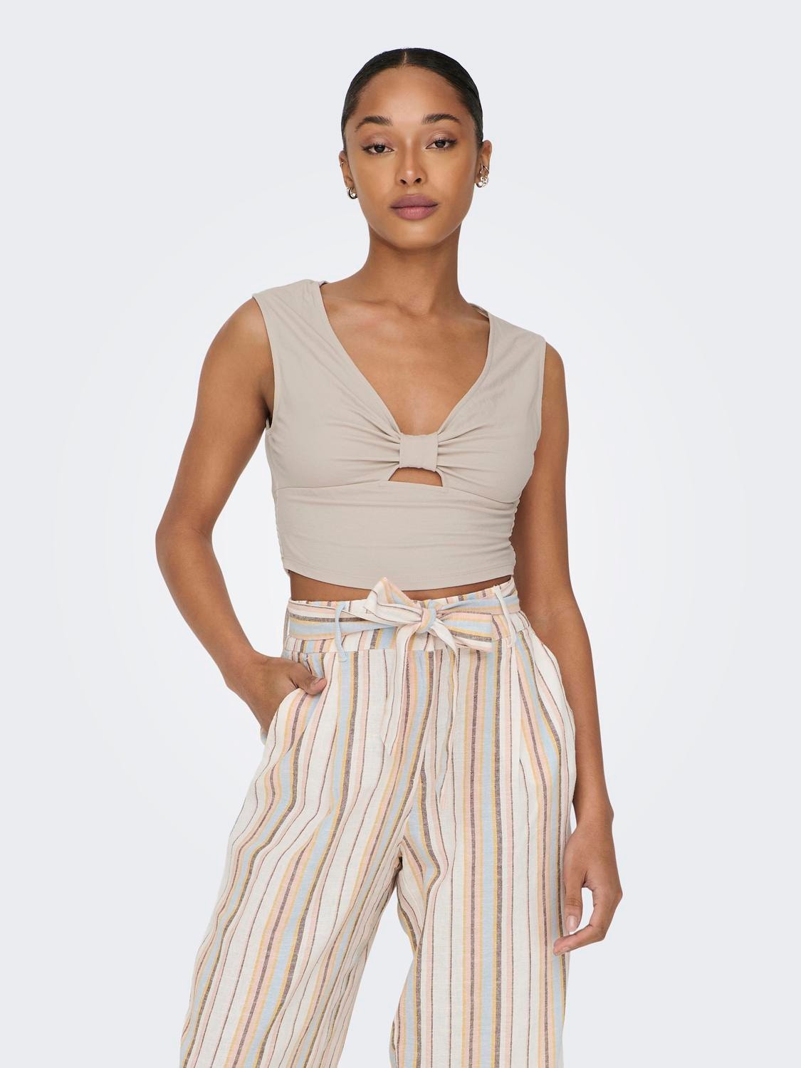 ONLY Cropped Fit V-hals Topp -Pumice Stone - 15294427