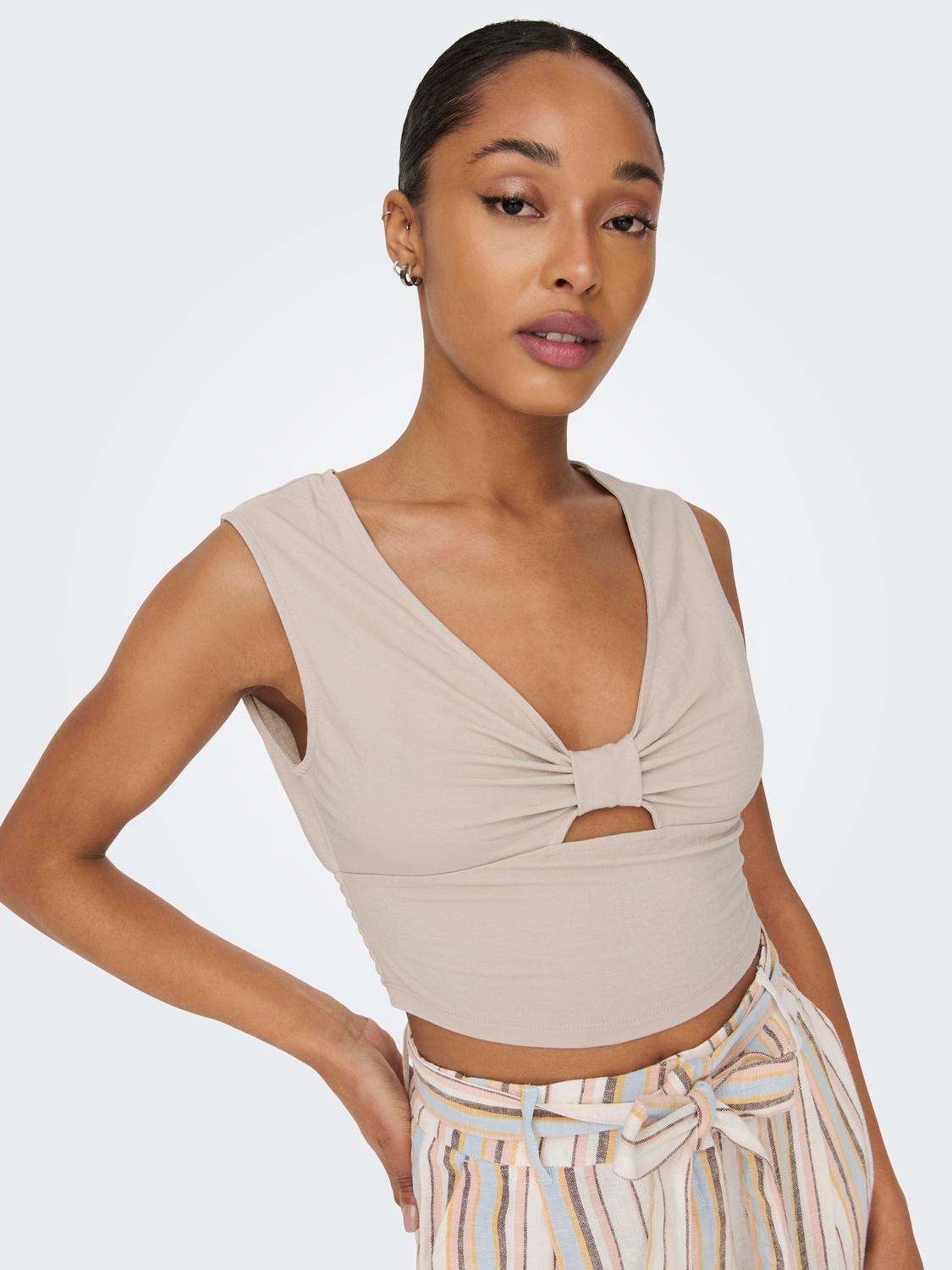 ONLY Cropped Fit V-ringning Topp -Pumice Stone - 15294427