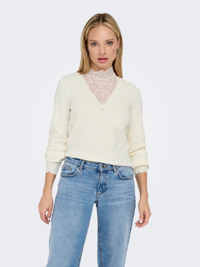ONLY V-neck knitted pullover with lace  - 15294584