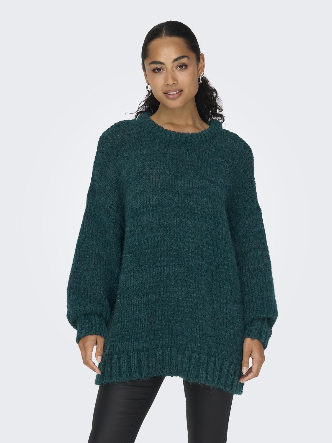 ONLY O-neck long knitted pullover -Dark Sea - 15294657