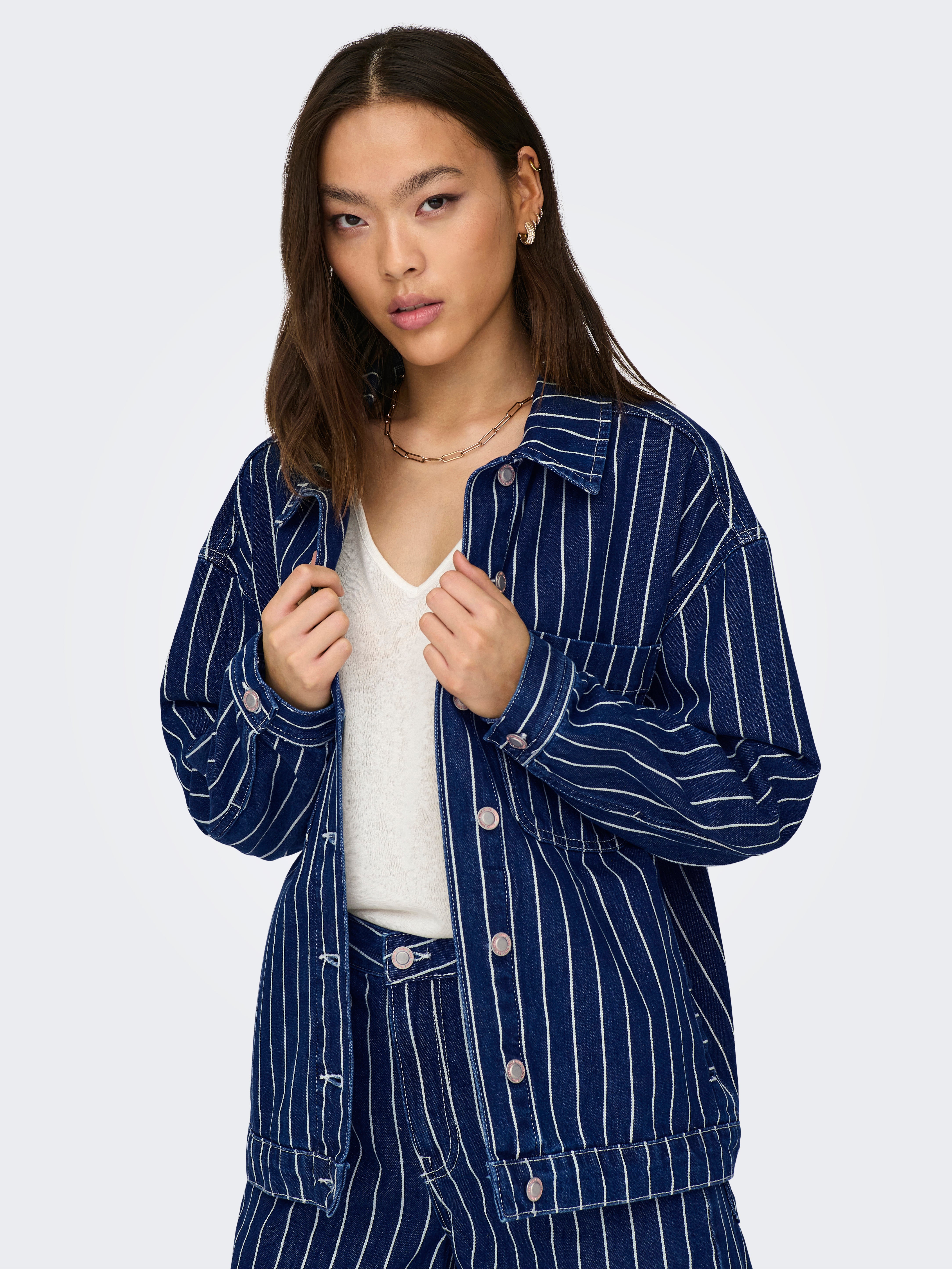 Blue and white shop striped denim jacket