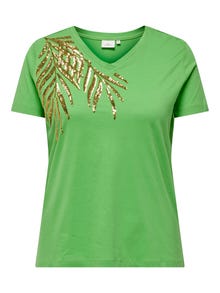 ONLY Curvy t-shirt med v-hals og pailletter -Vibrant Green - 15295542