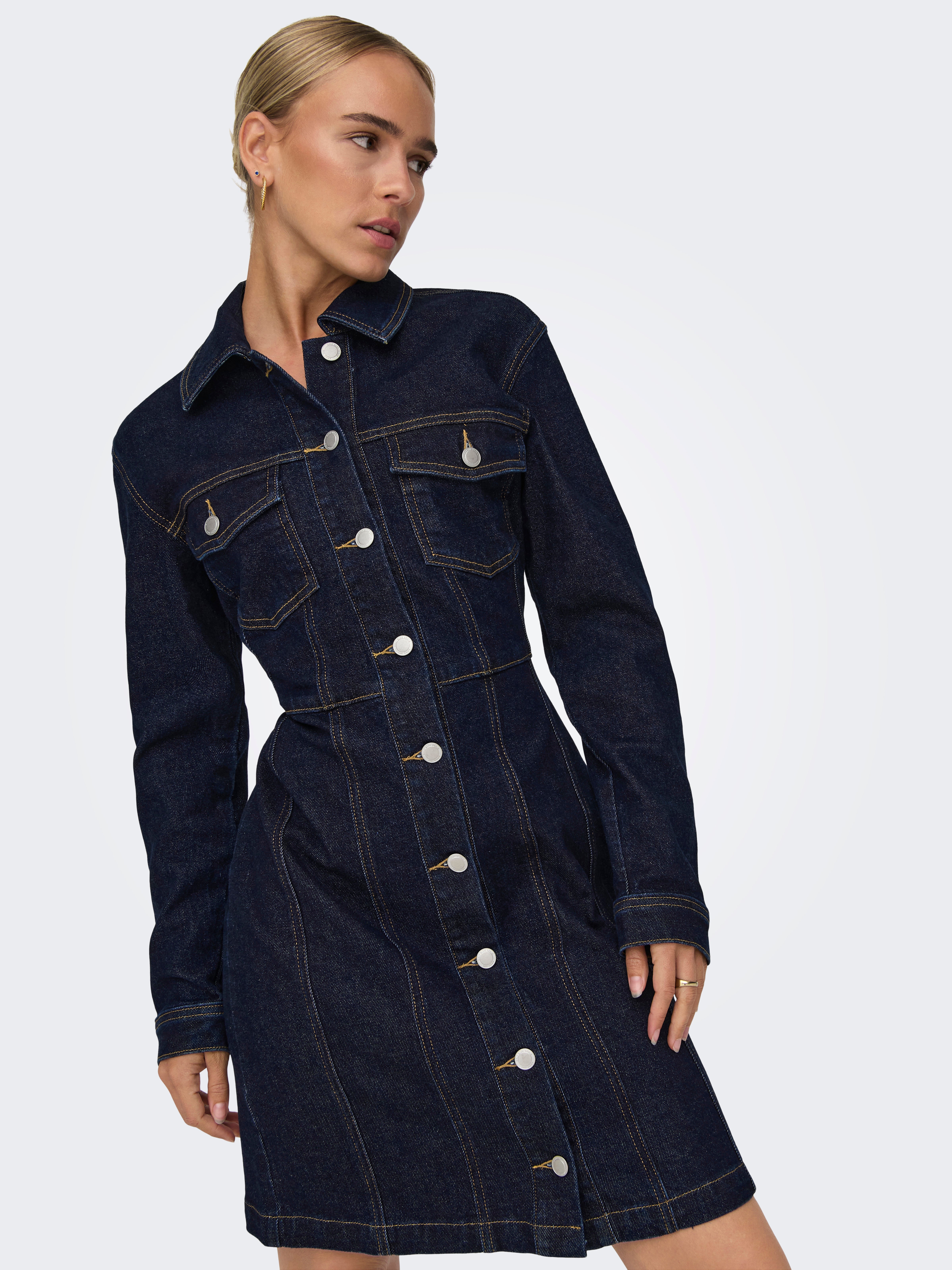 Buy Online|Spykar Women Dark Blue Cotton Regular Fit Classic Collar Knee  Length Denim Dress