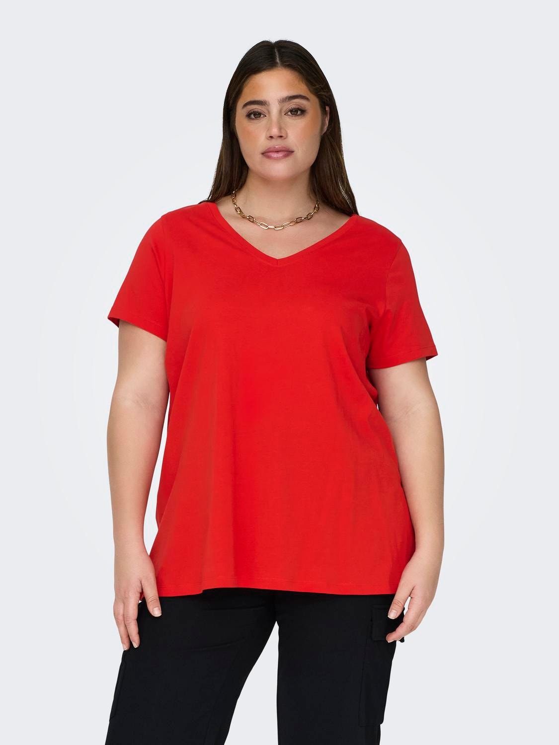 ONLY Curvy V-neck t-shirt -Flame Scarlet - 15298452