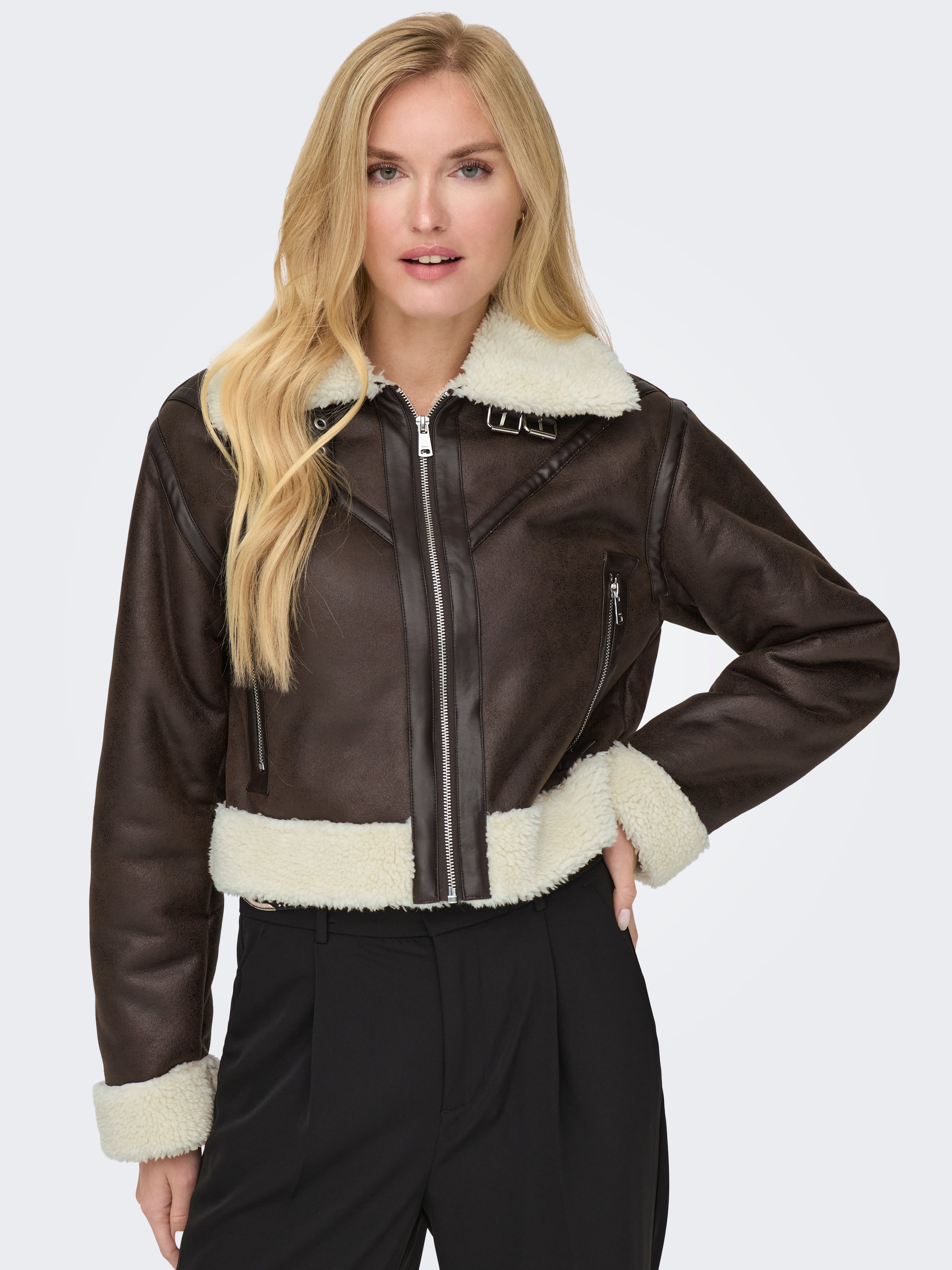 Lederjacke Beige Lederimitat Jacke Biker Lederjacke Damen