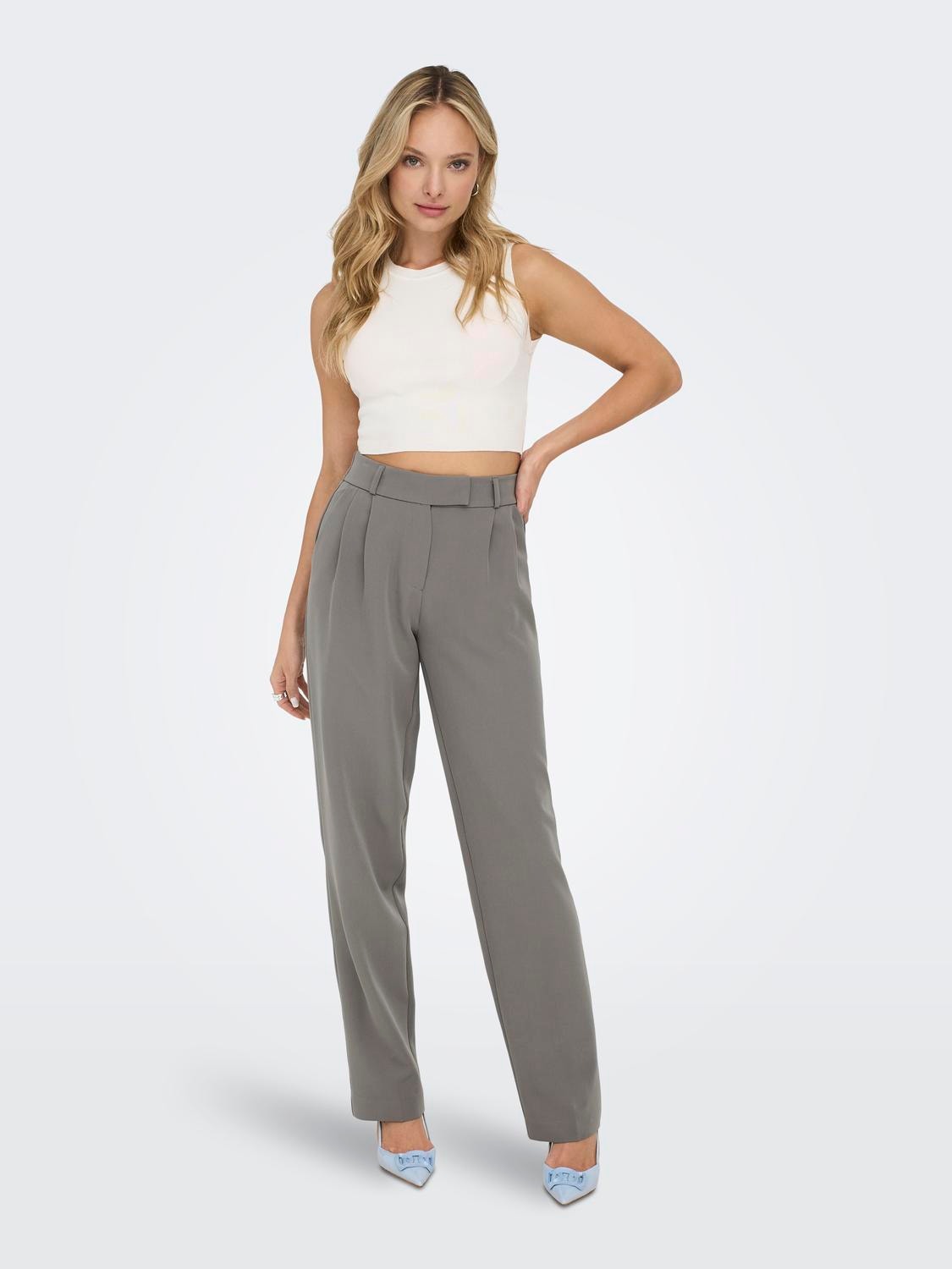 ONLY Pantalons Straight Fit Taille haute -Steeple Gray - 15298840