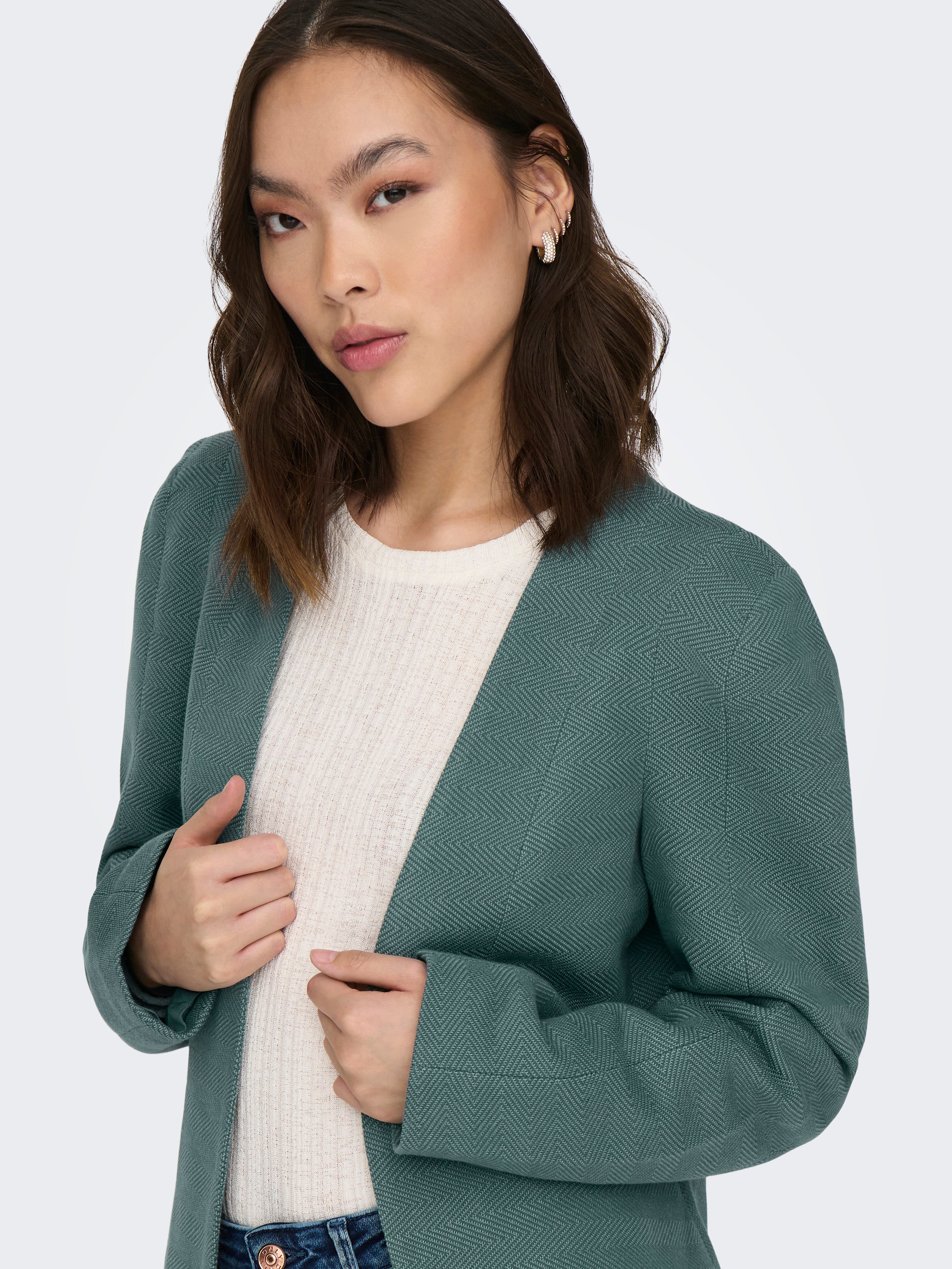 Blazer Femme OMZIN Col V Open Front - Vestes Bureau Courtes Décontractées En Coton Et Polyester