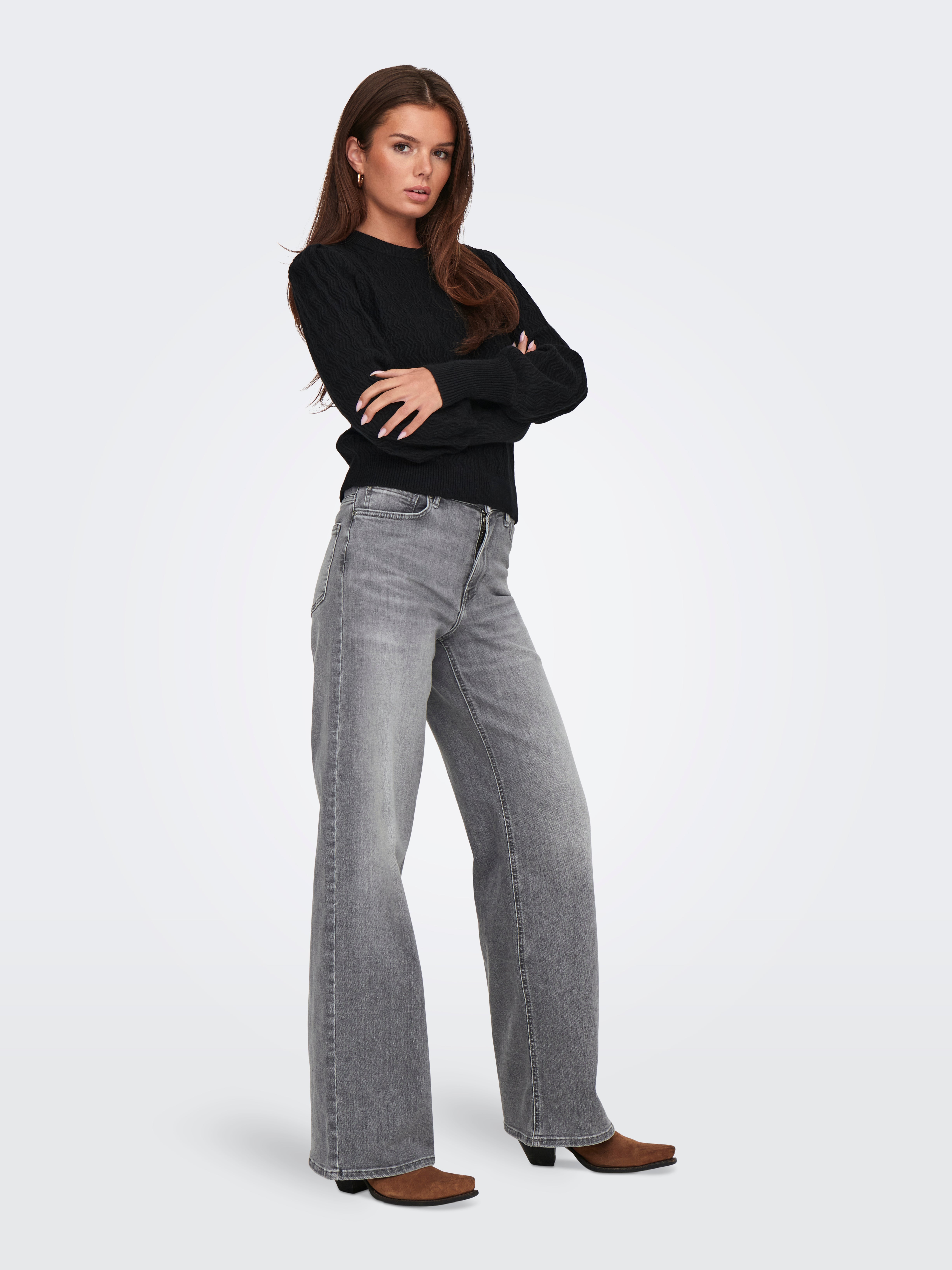 ★E.B.M★ Basic Wide Fit Pants EMO4WPT110 ONLMADISON Wysoka talia Krój wide leg Jeans | Light Grey | ONLY®
