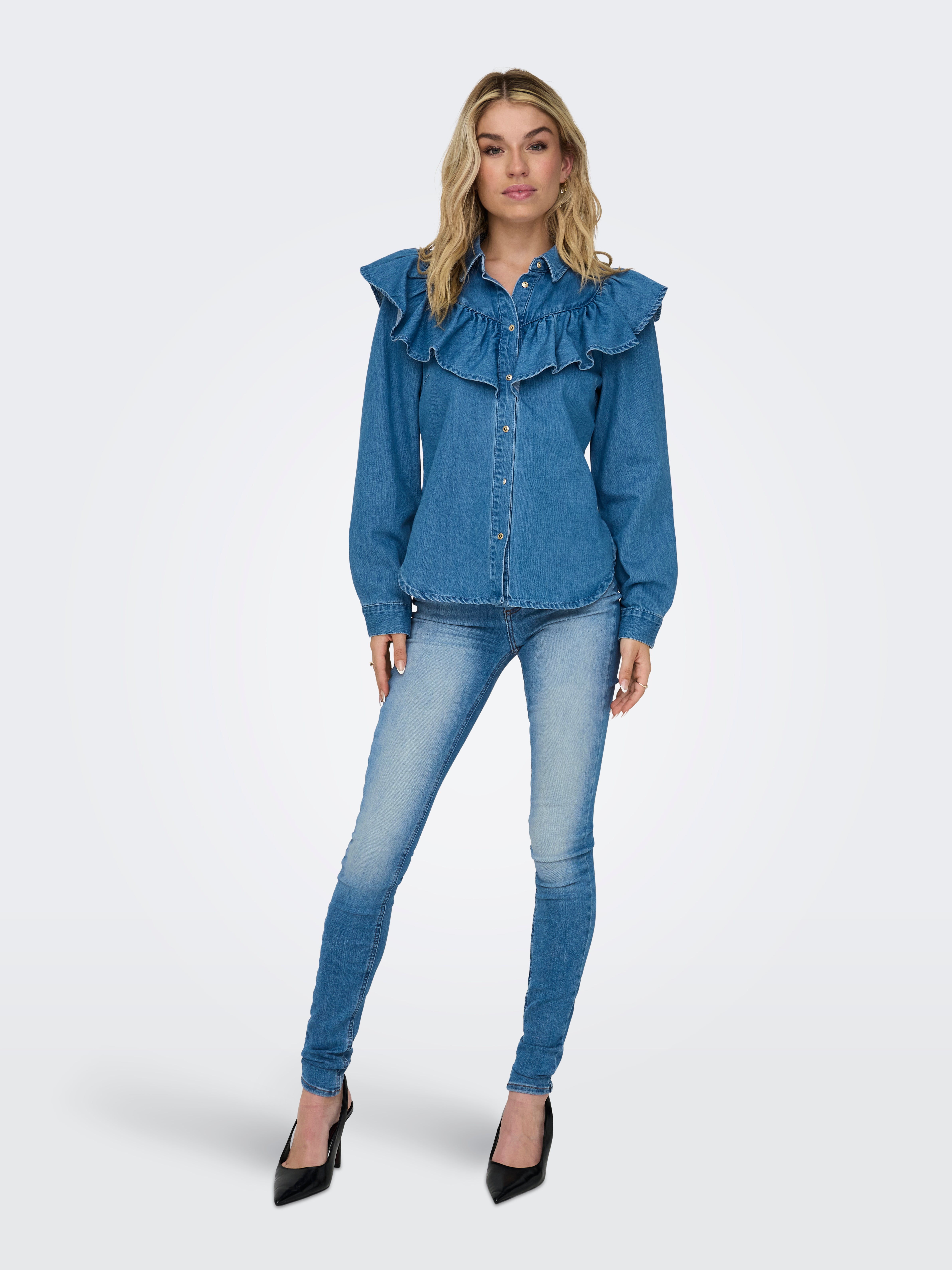 Lange Jeansjacke Für Damen Mit Rissen - Hellblau, Hohe Taille, Waschbar