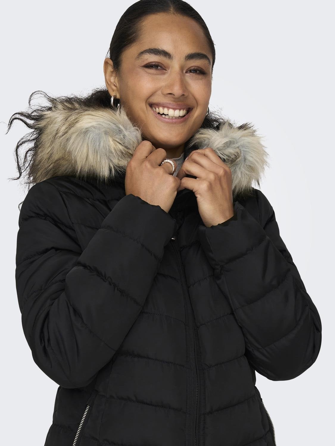 Black puffer coat with fluffy hood on sale