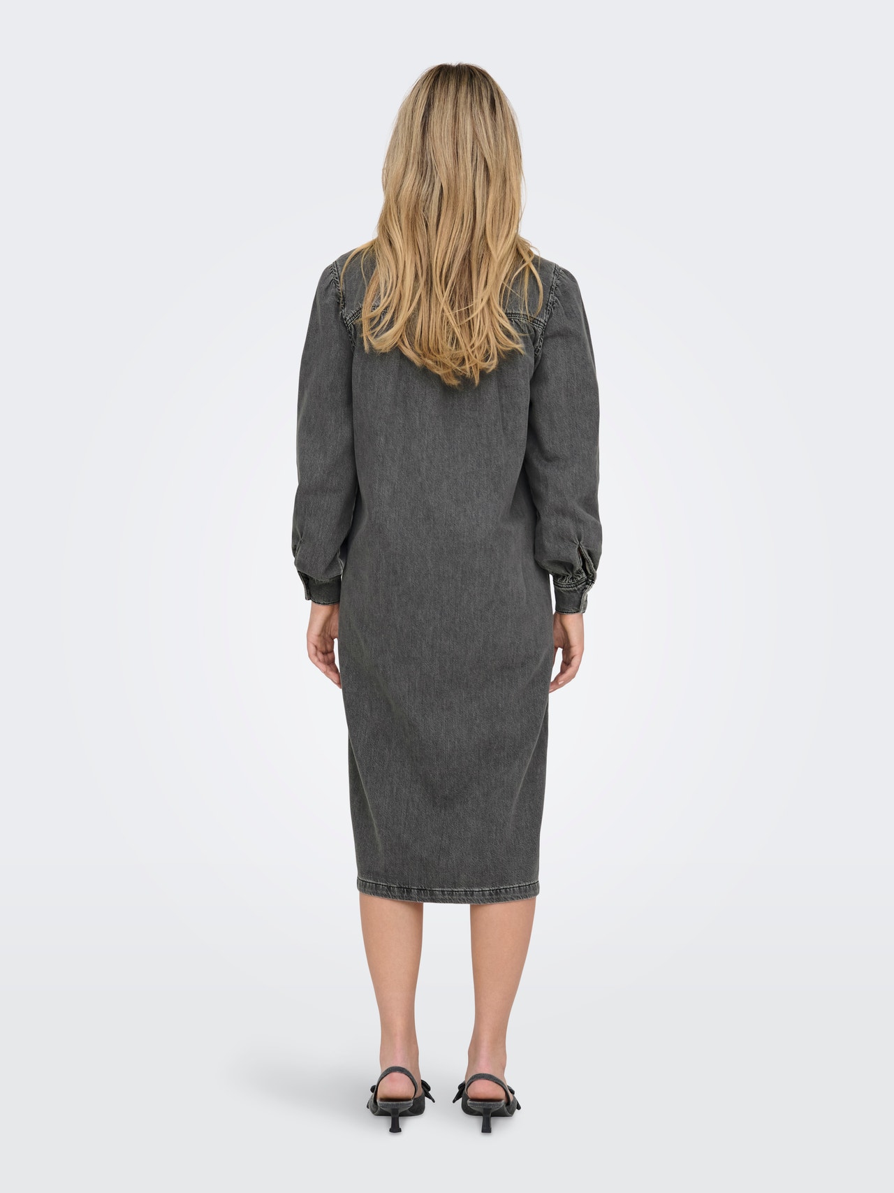 ONLY Standardno pristajanje O-vrat Zakopčane manžete Balon rukavi Midi haljina -Medium Grey Denim - 15300770