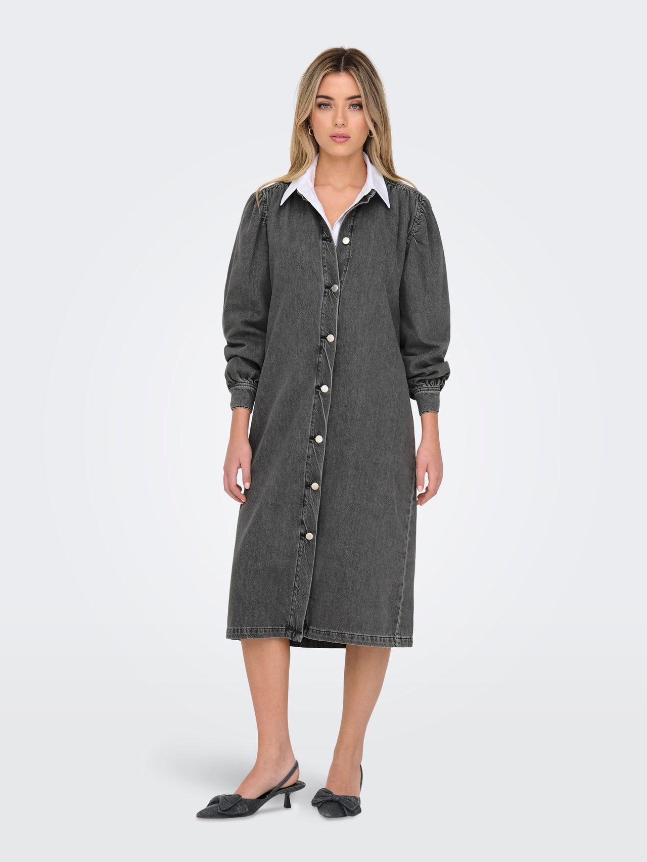 ONLY Standardno pristajanje O-vrat Zakopčane manžete Balon rukavi Midi haljina -Medium Grey Denim - 15300770