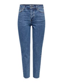 ONLY Krój prosty Wysoka talia Niewykończone brzegi Jeans -Dark Blue Denim - 15301323