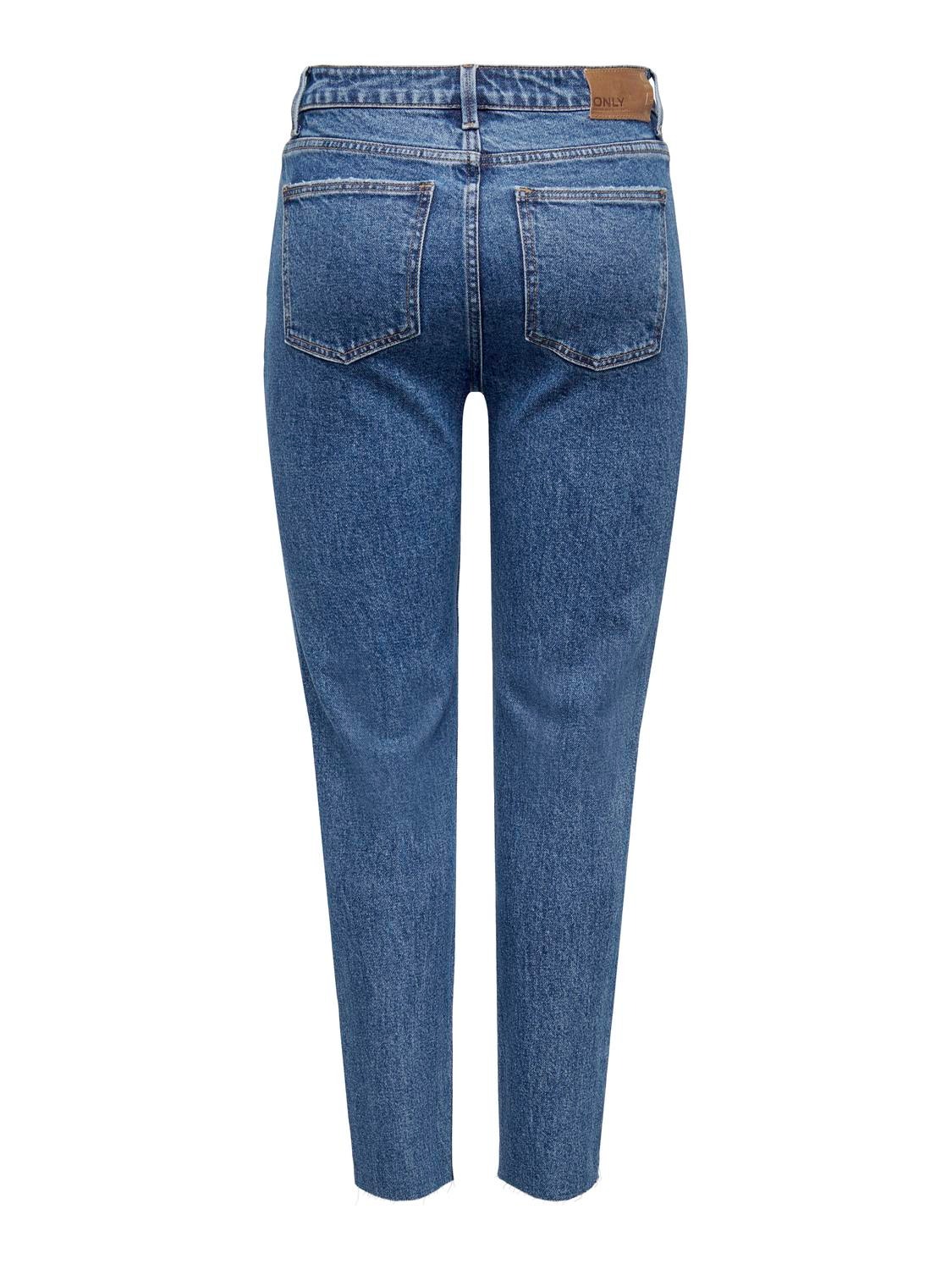 ONLY Krój prosty Wysoka talia Niewykończone brzegi Jeans -Dark Blue Denim - 15301323