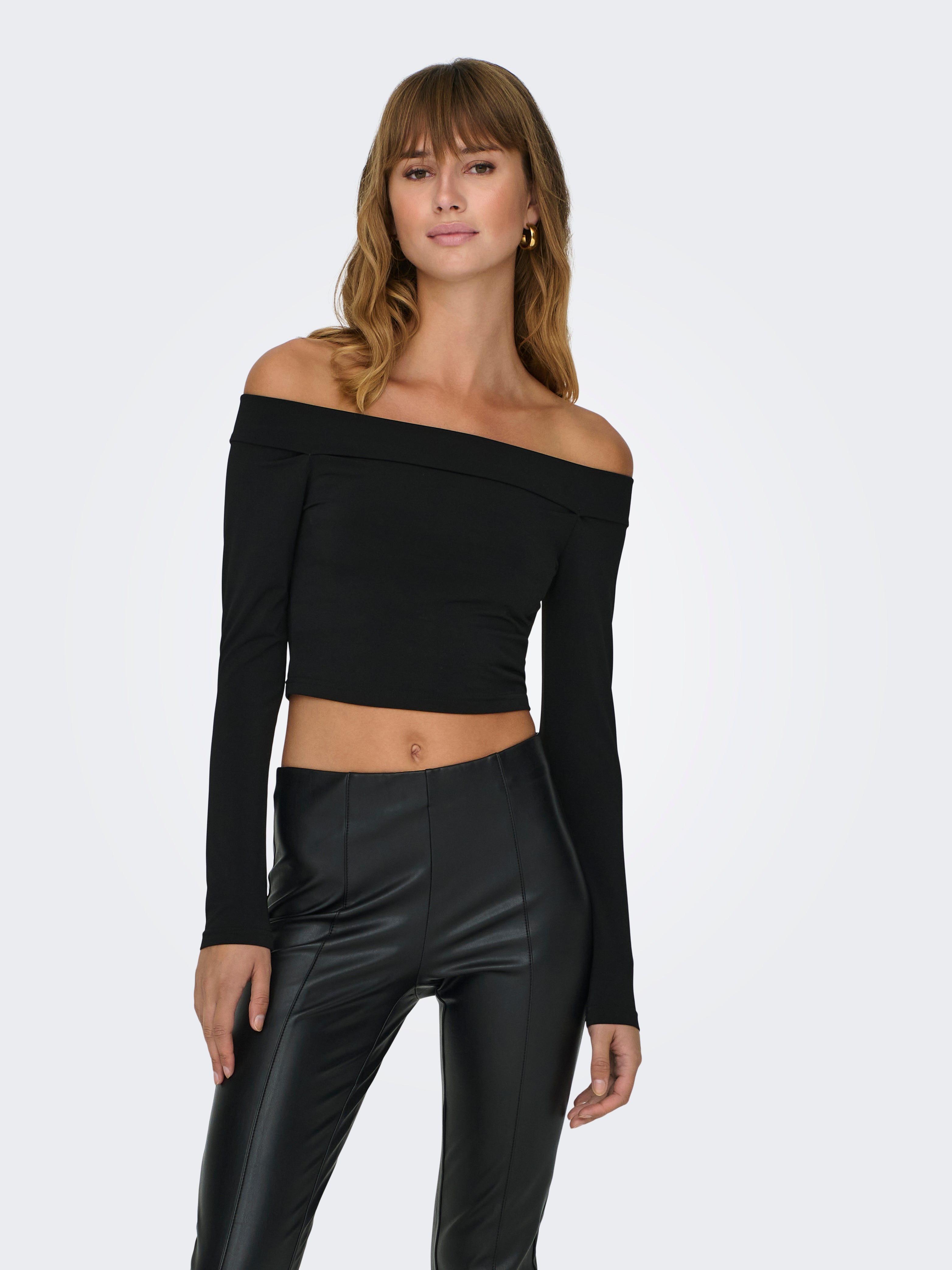 Black shoulderless crop top on sale