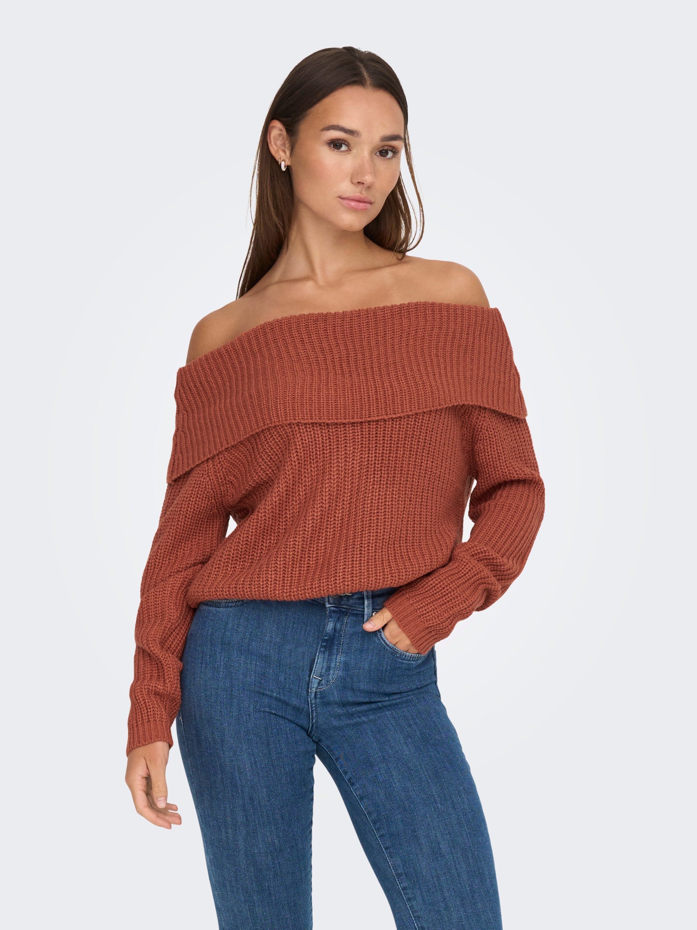 Burnt orange off the shoulder sweater hotsell