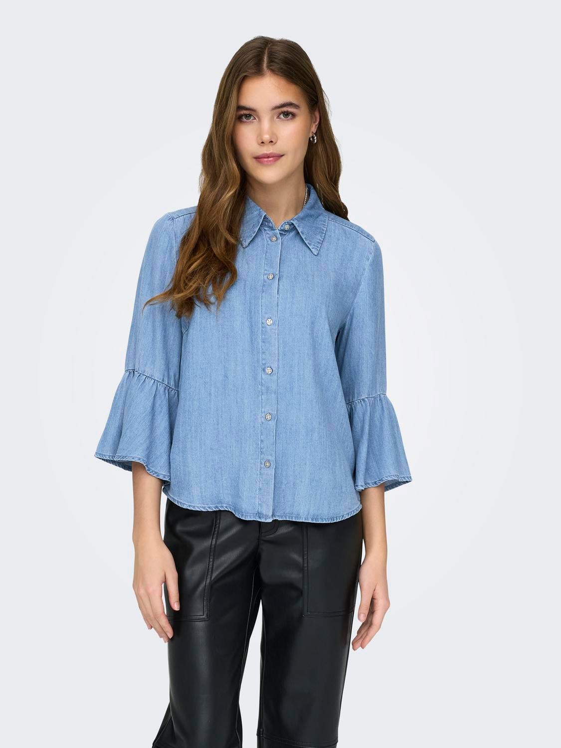 Loose Fit Shirt collar Wide cuffs Bell sleeves Shirt | Medium Blue