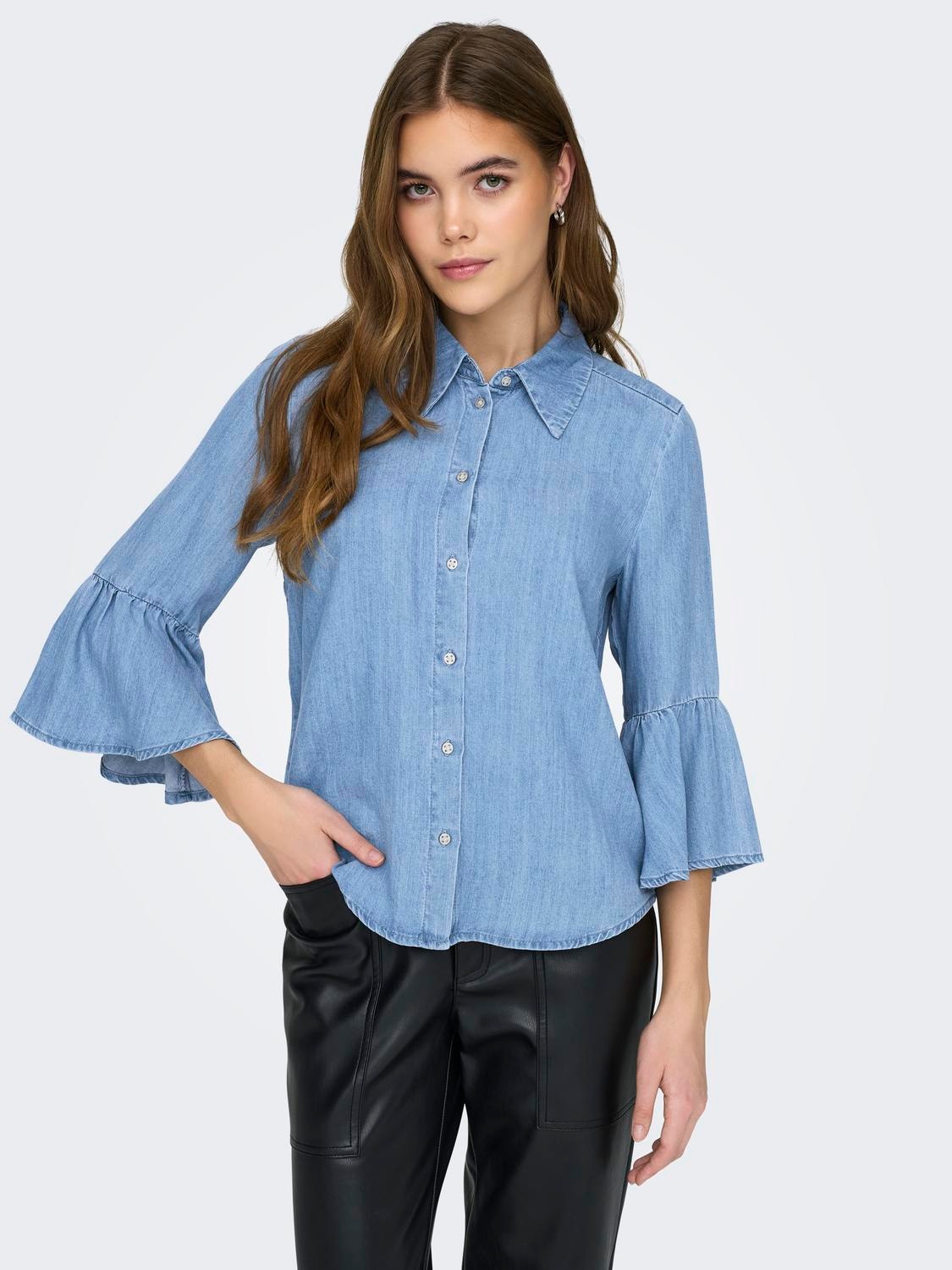 ONLY Loose fit Skjortekrage Brede mansjetter Klokkeermer Skjorte -Medium Blue Denim - 15302829