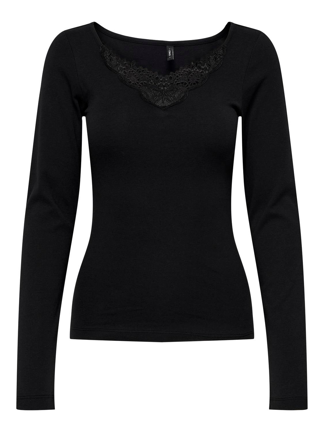 Long sleeved top with lace neck | Black | ONLY®