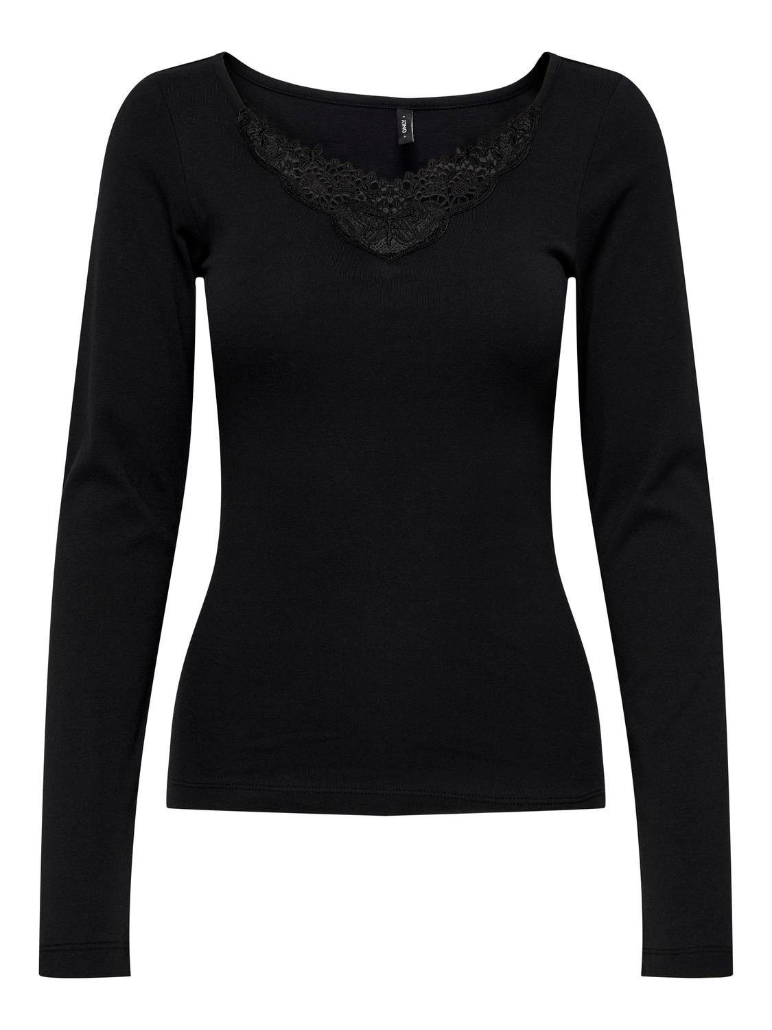 ONLY Long sleeved top with lace neck -Black - 15302894