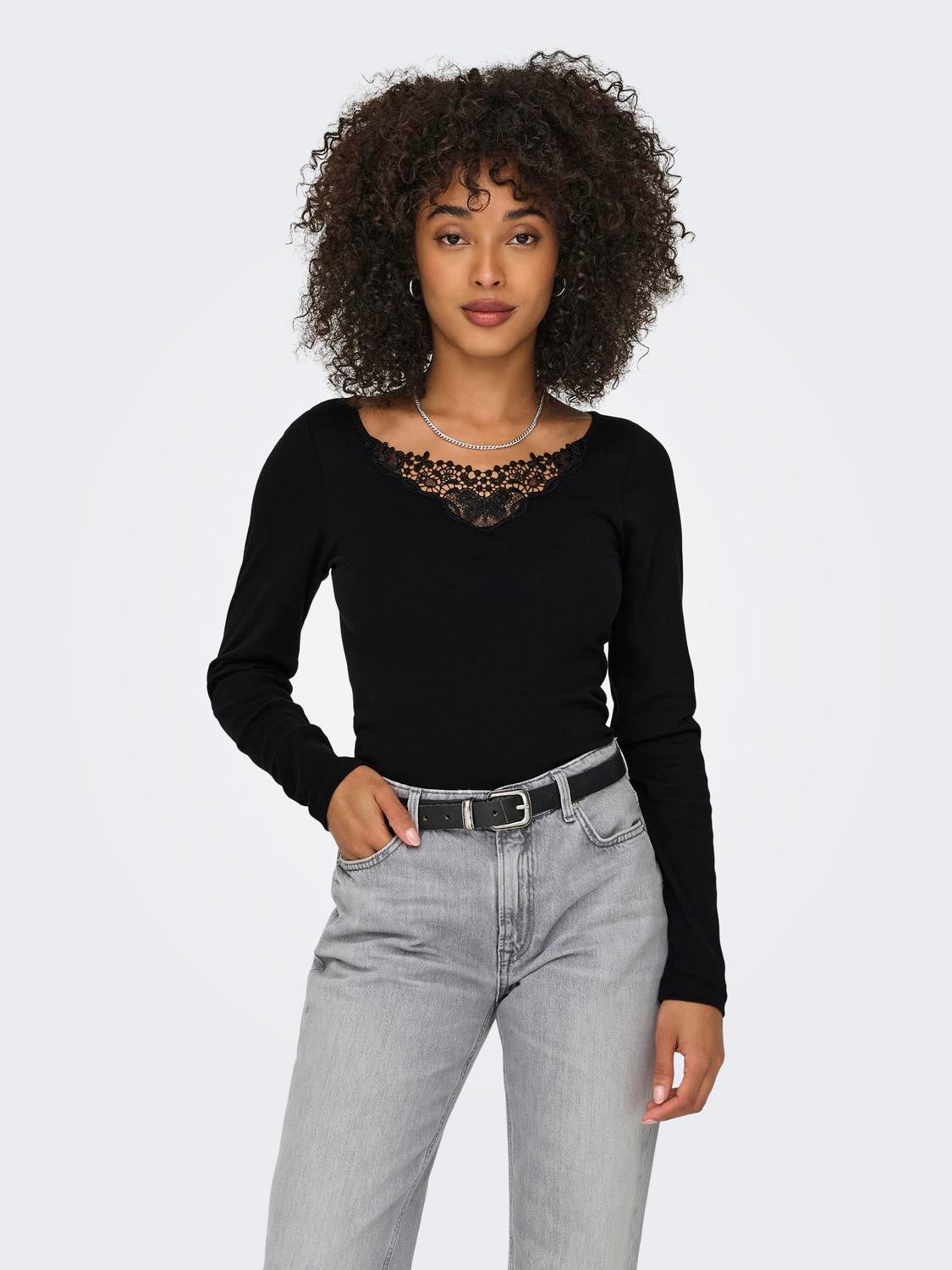 Long sleeved top with lace neck | Black | ONLY®