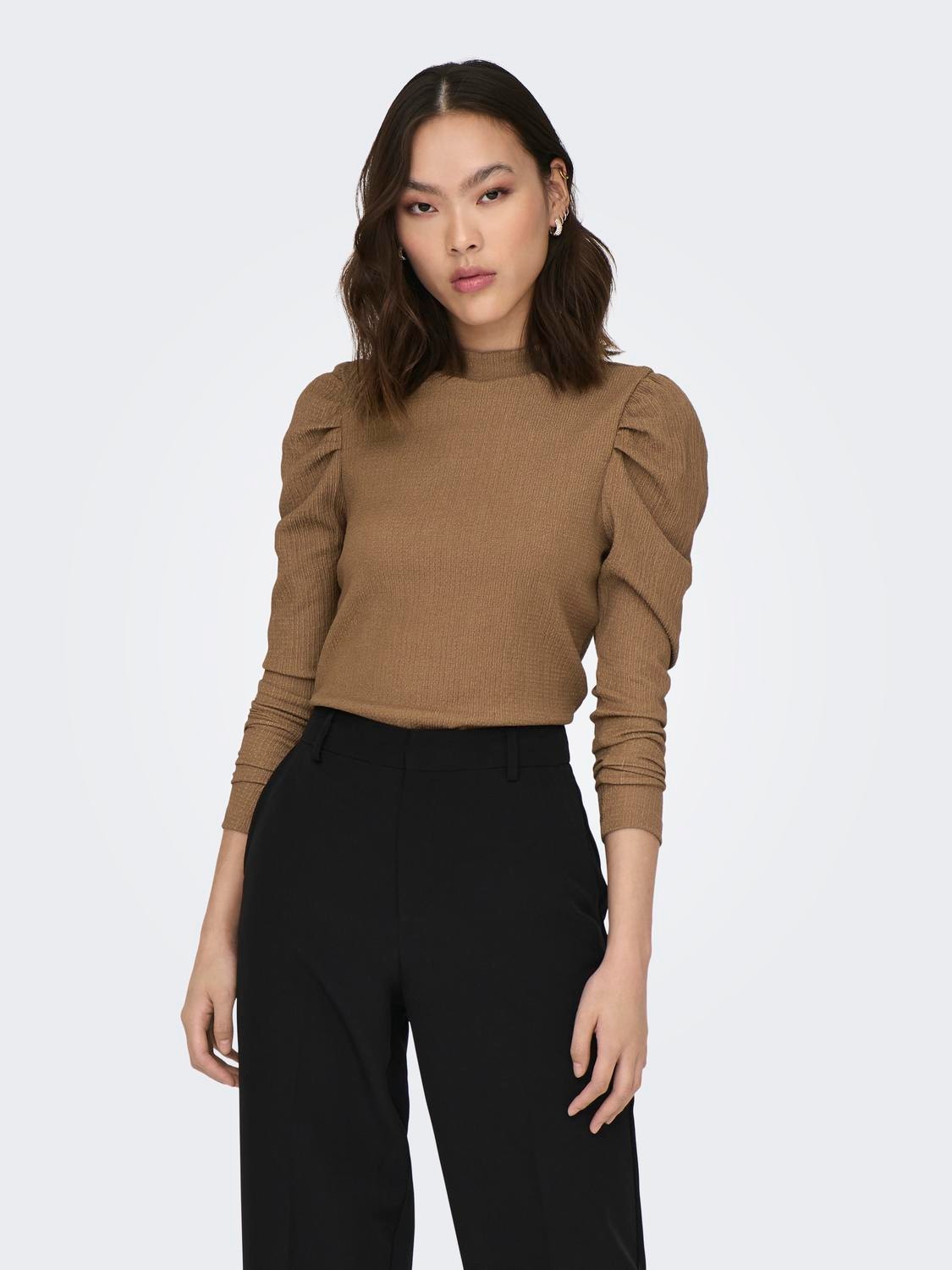 ONLY Regular Fit High neck Puff sleeves Top -Toasted Coconut - 15303407