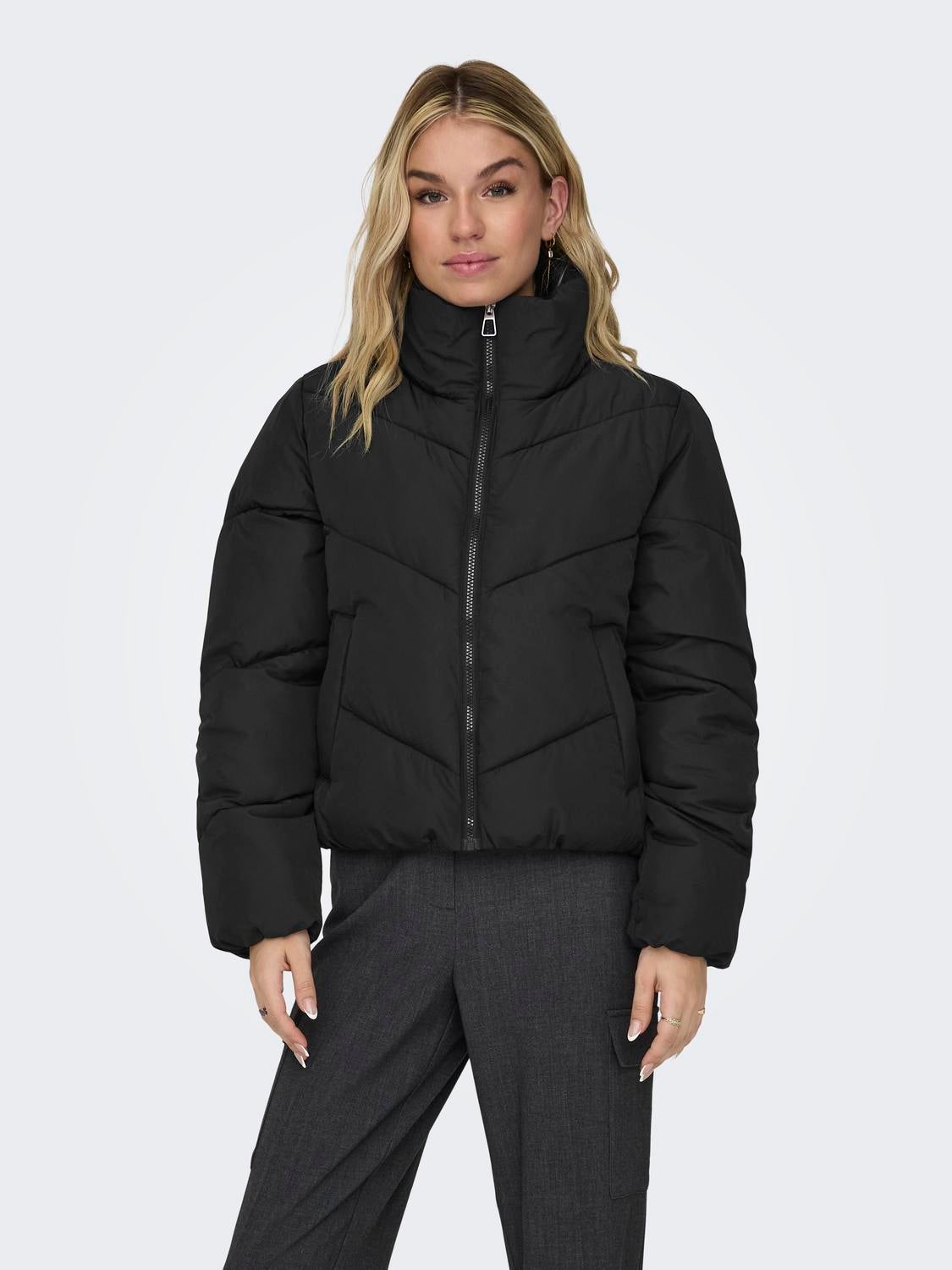 Black high neck puffer jacket best sale